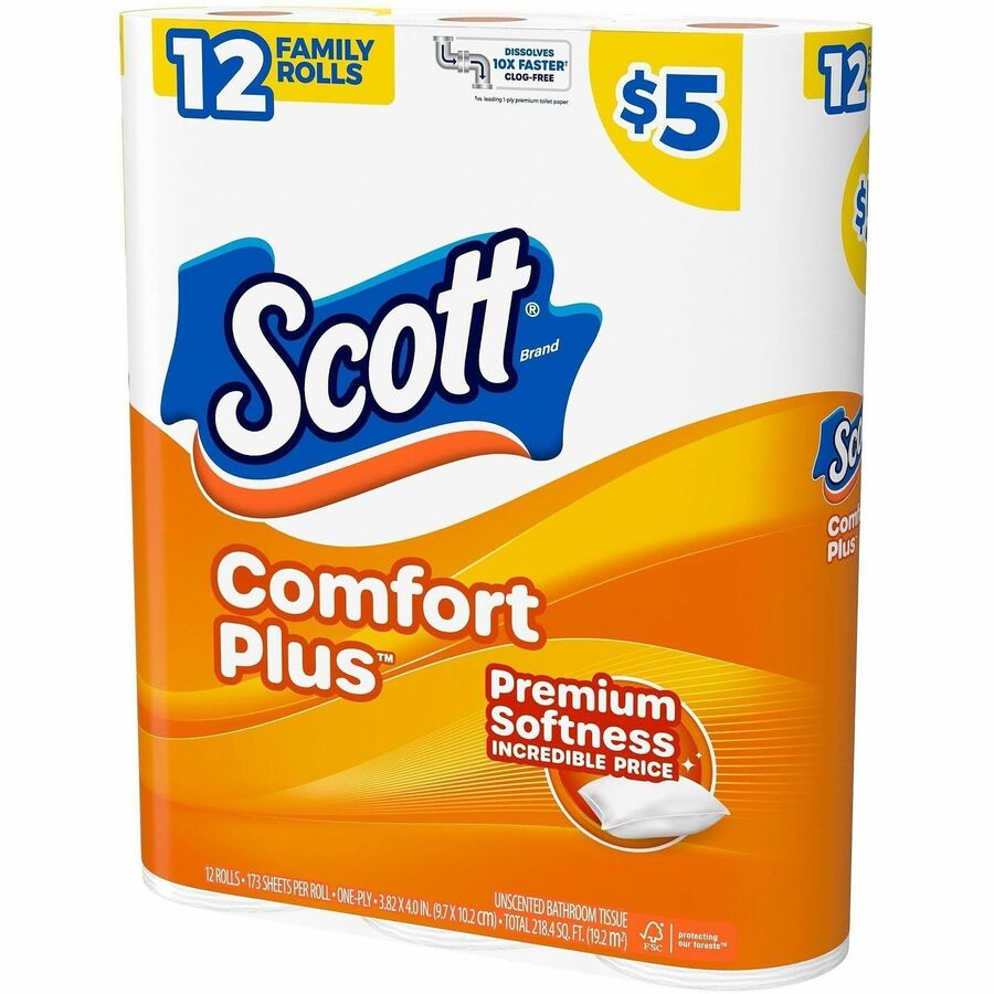 Scott ComfortPlus Toilet Paper - 1 Ply - 173 Sheets/Roll - White - Paper, Plush - 12 / Pack