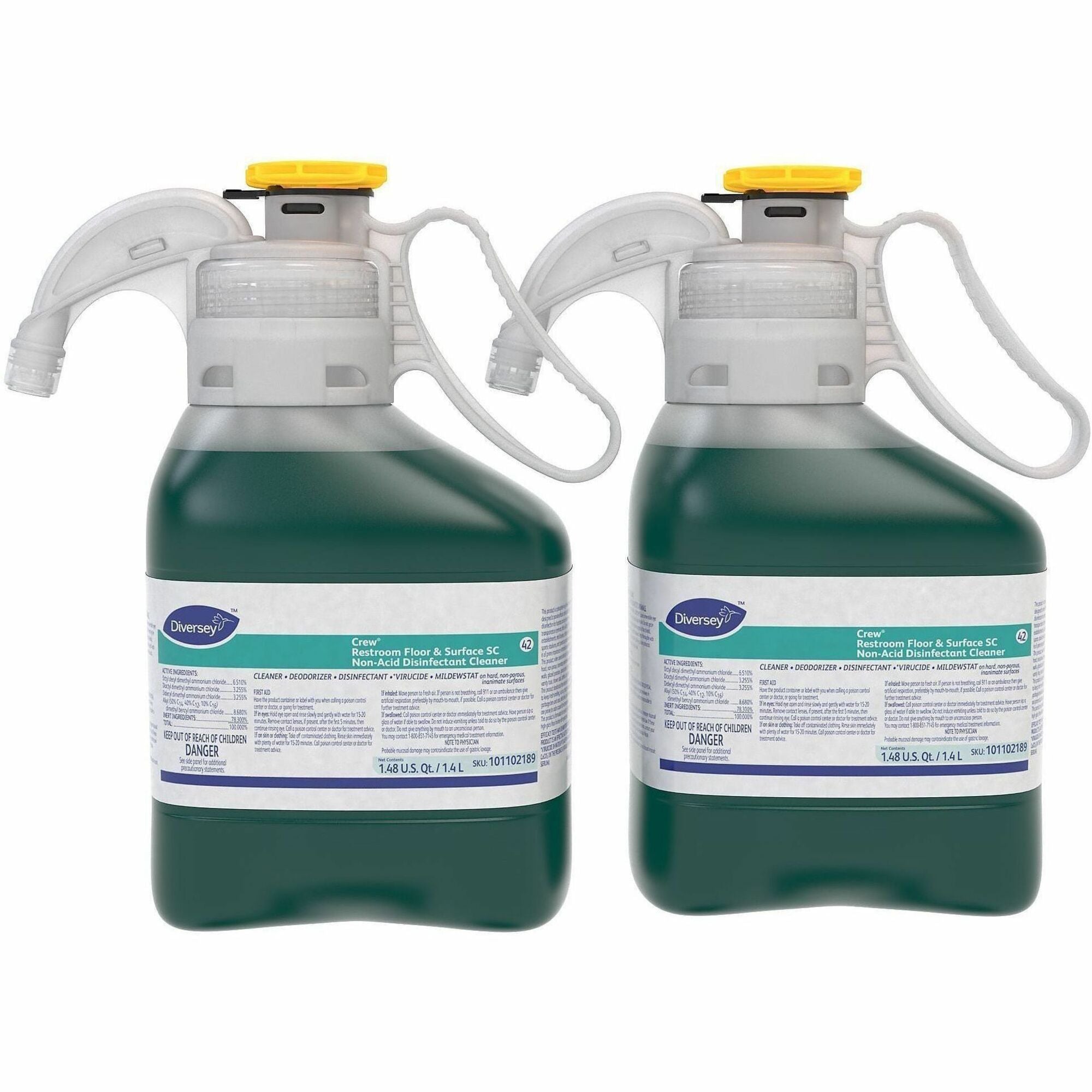 Diversey Crew Restroom Disinfectant Cleaner - For Multi Surface, Multipurpose - Concentrate - Liquid - 47.3 fl oz (1.5 quart) - 6 to 8 pH - Fresh Scent - Recommended For: Virus Remover, Odor Remover - Deodorize, Disinfectant, Rinse-free, Virucidal - Gr...