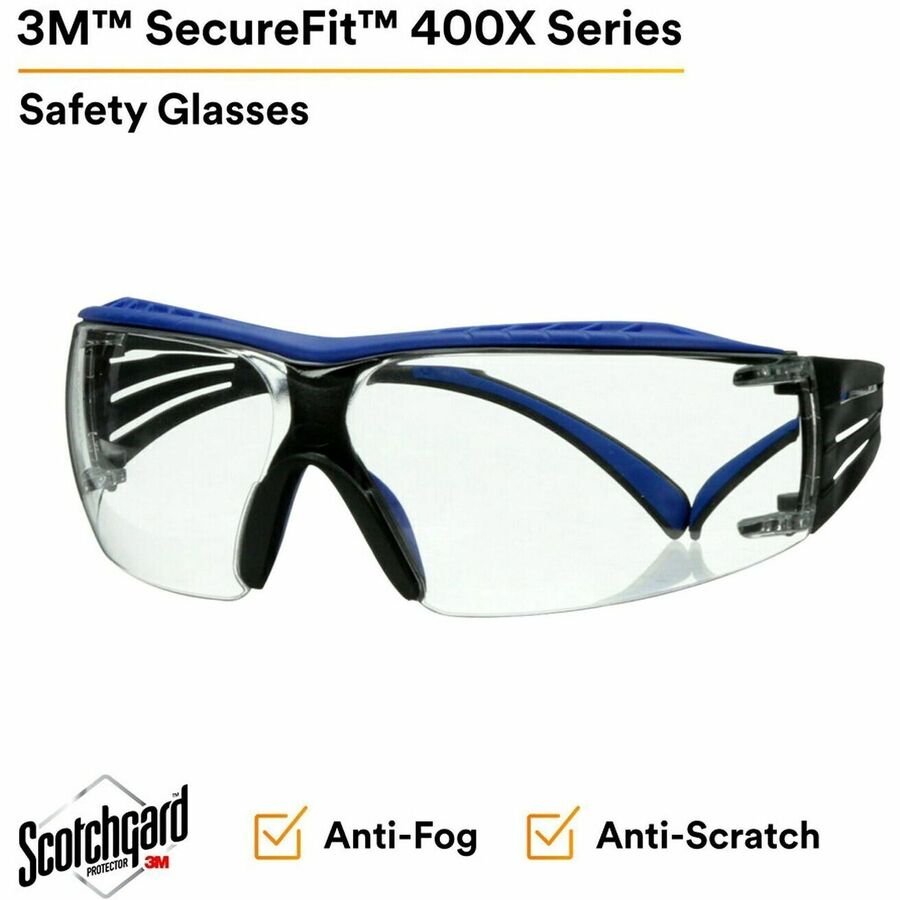 3M SecureFit Protective Eyewear - Eye, Fog, Impact, UVA, UVB, Debris, UVC Protection - Polycarbonate - Blue, Gray - Clear Lens - Anti-fog, Impact Resistant, Self Adjustable, Snug Fit, Removable, Comfortable