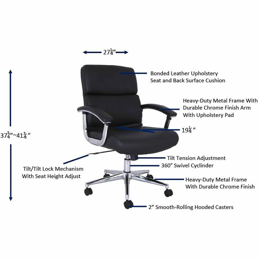 Lorell Vuelo Modern Bonded-Leather Office Chairs - Bonded Leather Seat Material - Mid Back - Black - Armrest - 1 Each