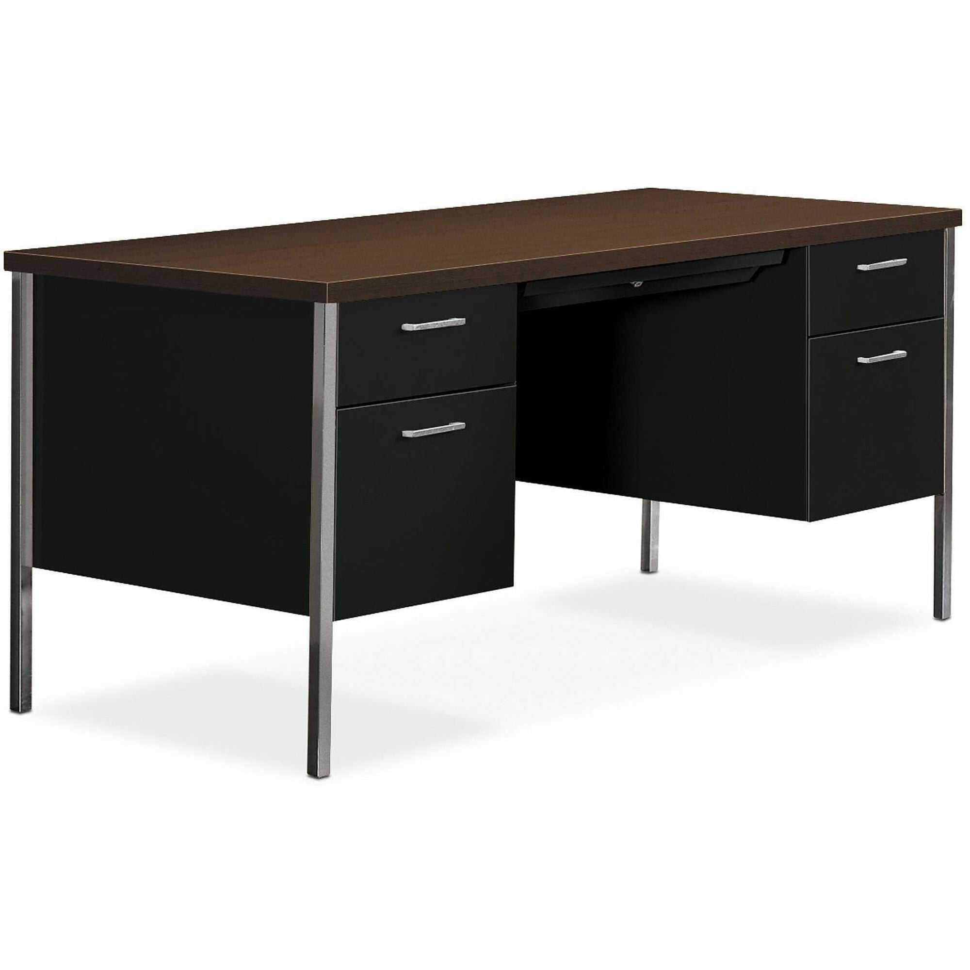 HON 34000 Series Steel Desking - Rectangle Top - Polished, Chrome Base - Retro Style - 4 Drawers - 4 Legs - 30" Table Top Length x 60" Table Top Width - 29.50" Height - File, Supplies, Storage, Office - Assembly Required - Black, Brown - Brushed Alumin...