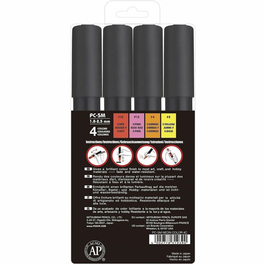POSCA PC-5M WaterBased Paint Marker - 1.8 mm Medium Bullet, 2.5 mm Medium Bullet Marker Point - Erasable - Washable - Assorted Ink - Water Based - Multipurpose - 4 / Pack
