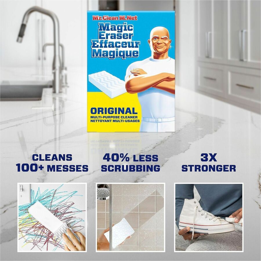 Mr. Clean Magic Erasers - For Multipurpose, Multi Surface - Pad - Recommended For: Grime Remover, Dirt Remover, Permanent Marker Remover, Stain Remover, Scuff Mark Remover - Sturdy, Built-In Scrubber, Strong - Blue - 12 / Carton
