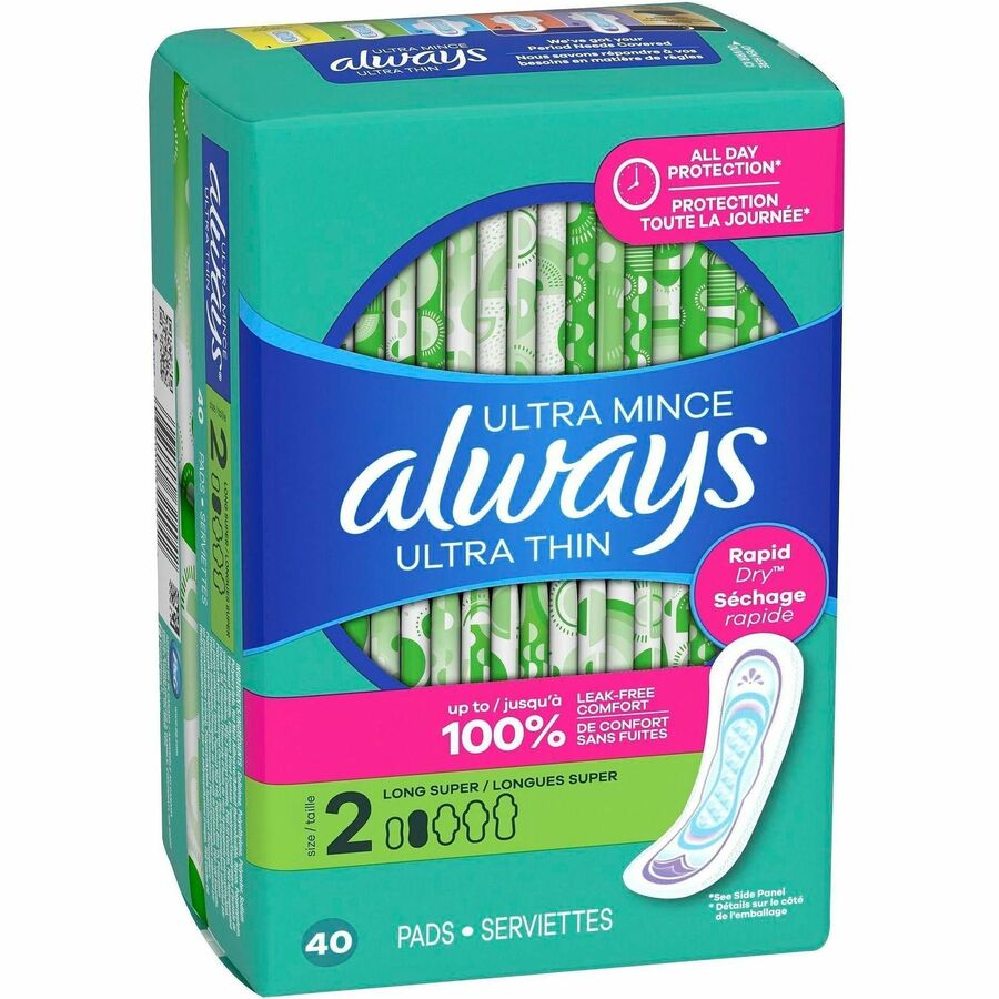 Always Ultra Thin Size 2 Long Super Pads With Wings, Unscented - Size 2 - With Wings - Super - Unscented, Absorbent, Anti-leak, Odor-absorbing, Comfortable - 40 / Pack
