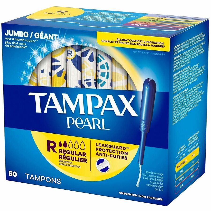 Tampax Pearl Regular Tampons - Regular - Plastic Applicator - Anti-leak, Comfortable, Anti-slip, Odor-free, Unscented, Absorbent - 50 / Box