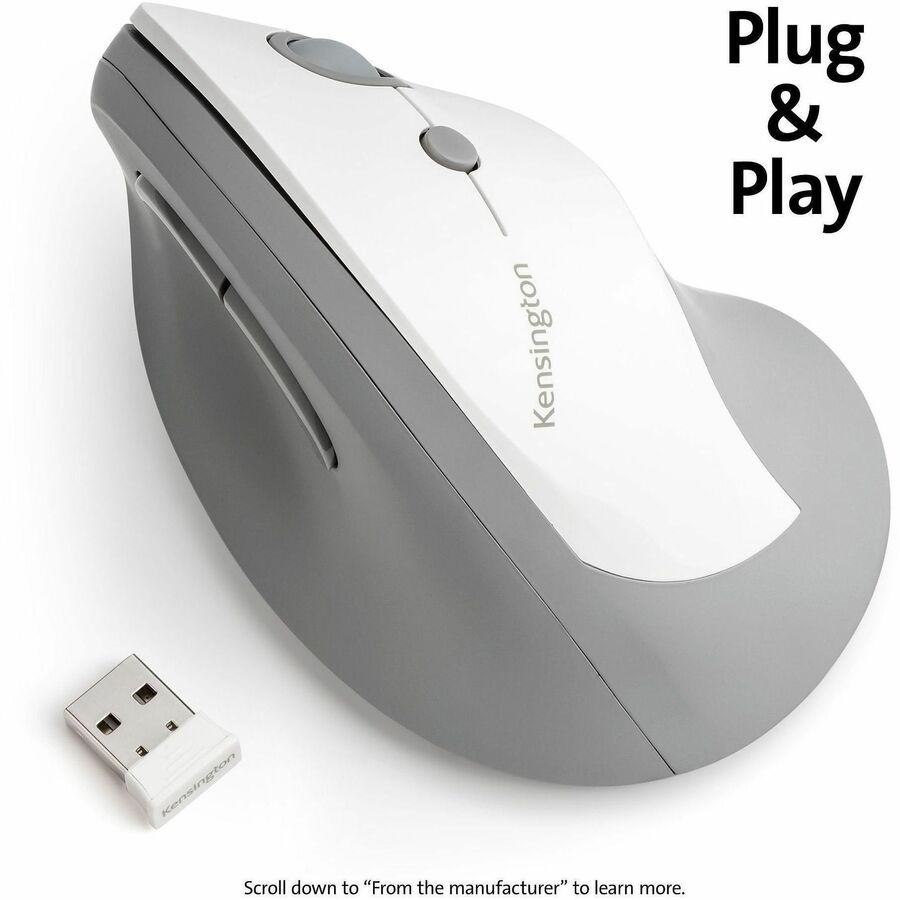 Kensington Pro Fit Ergo Vertical Mouse - Wireless - 65.62 ft - Radio Frequency - 2.40 GHz - Gray - 1600 dpi - Scroll Wheel - Right-handed - 1 x AA Battery Supported - 1 Each