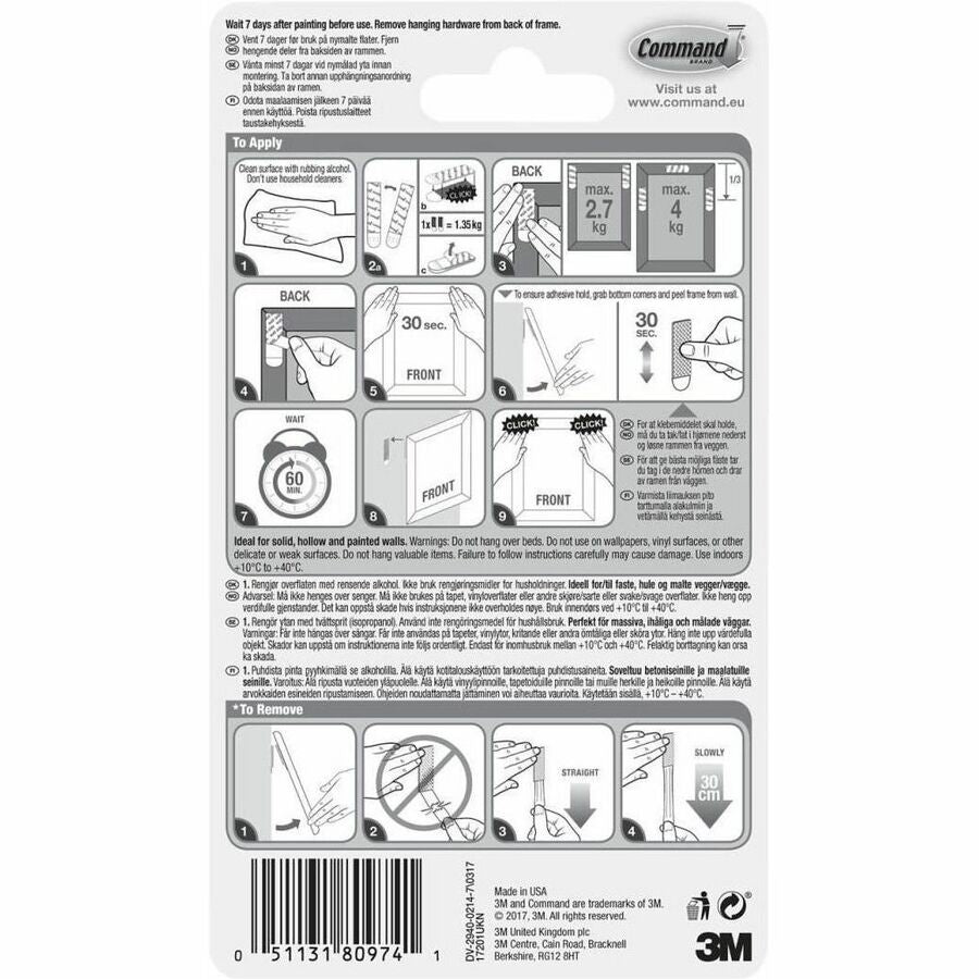 Command Medium Adhesive Picture Hanging Strips - 6 lb (2.72 kg) Capacity - 0.7" Width x 2.8" Length - Adhesive - Medium - for Pictures, Decoration, Painted Surface, Wood, Tile, Poster, Frame - White - 50 / Carton
