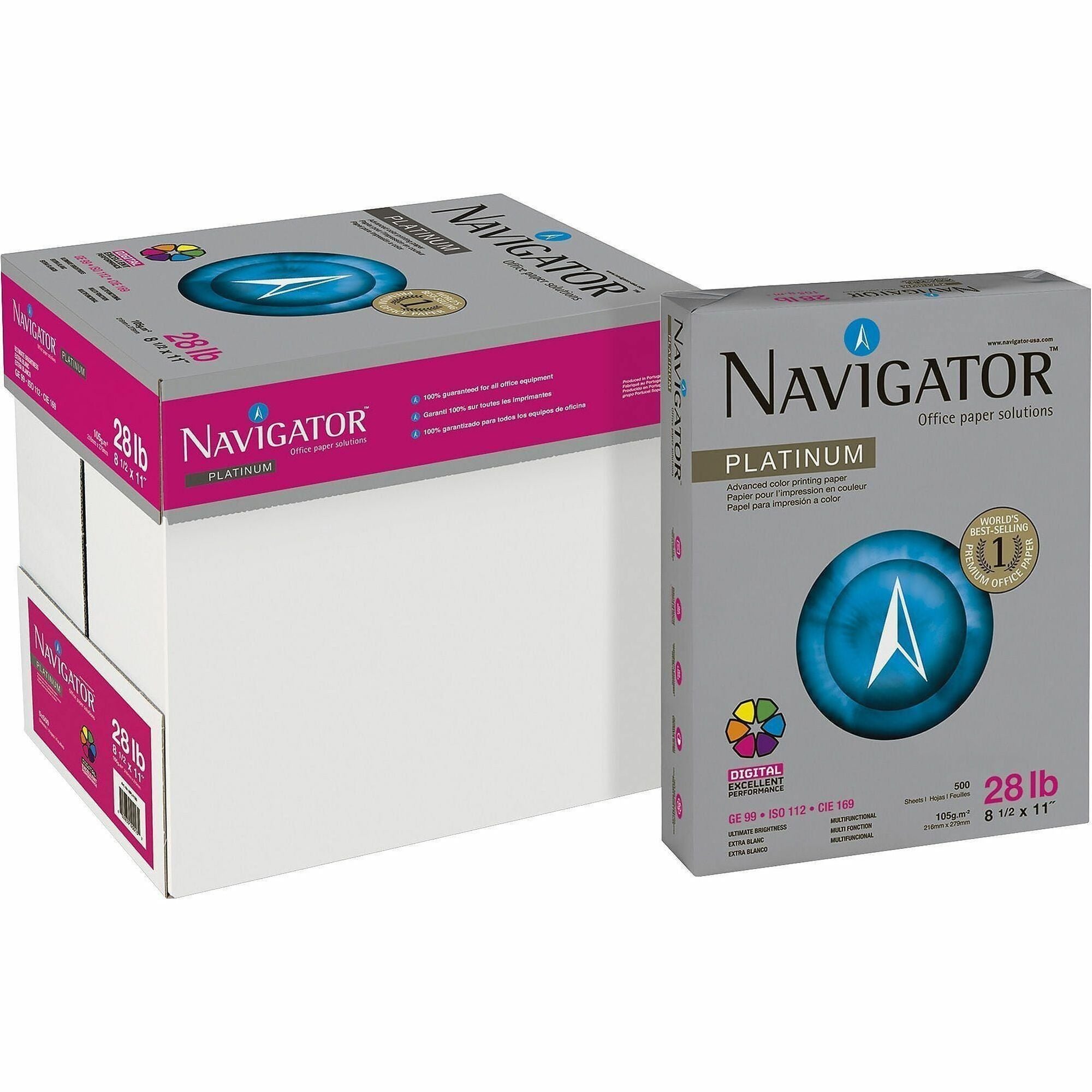 Navigator Platinum Digital Printing Paper - 99 Brightness - Letter - 8 1/2" x 11" - 28 lb Basis Weight - Jam-free - White - 5 Sheets per Ream - 500 / Ream