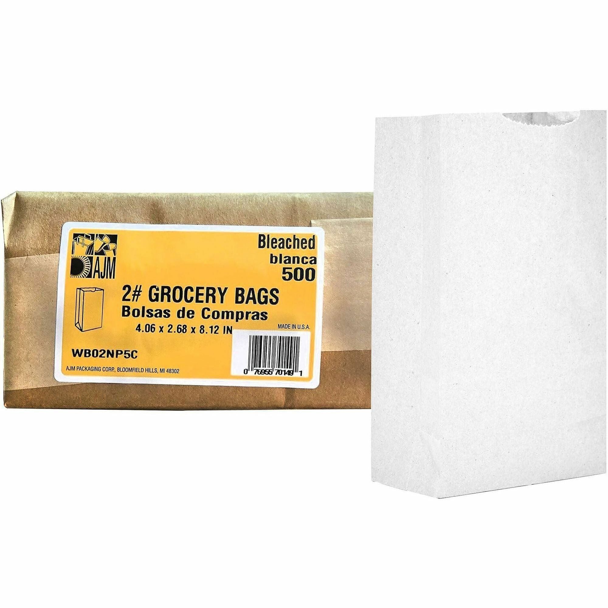 AJM Paper Grocery Bags - Bleached Kraft - Paper - Grocery, Supplies - Recycled - 500 / Carton