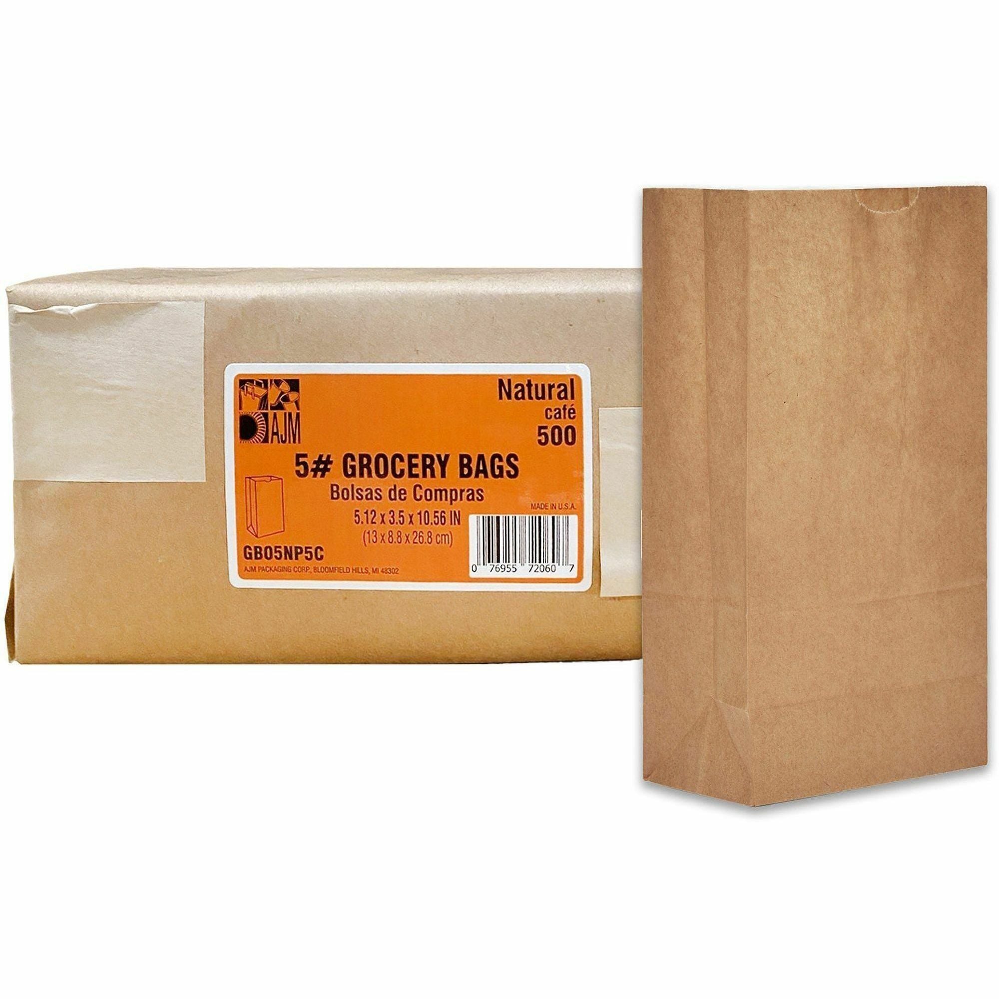 AJM Squat Grocery Bags - Natural Kraft - Paper - Grocery, Supplies - Recycled - 500 / Carton