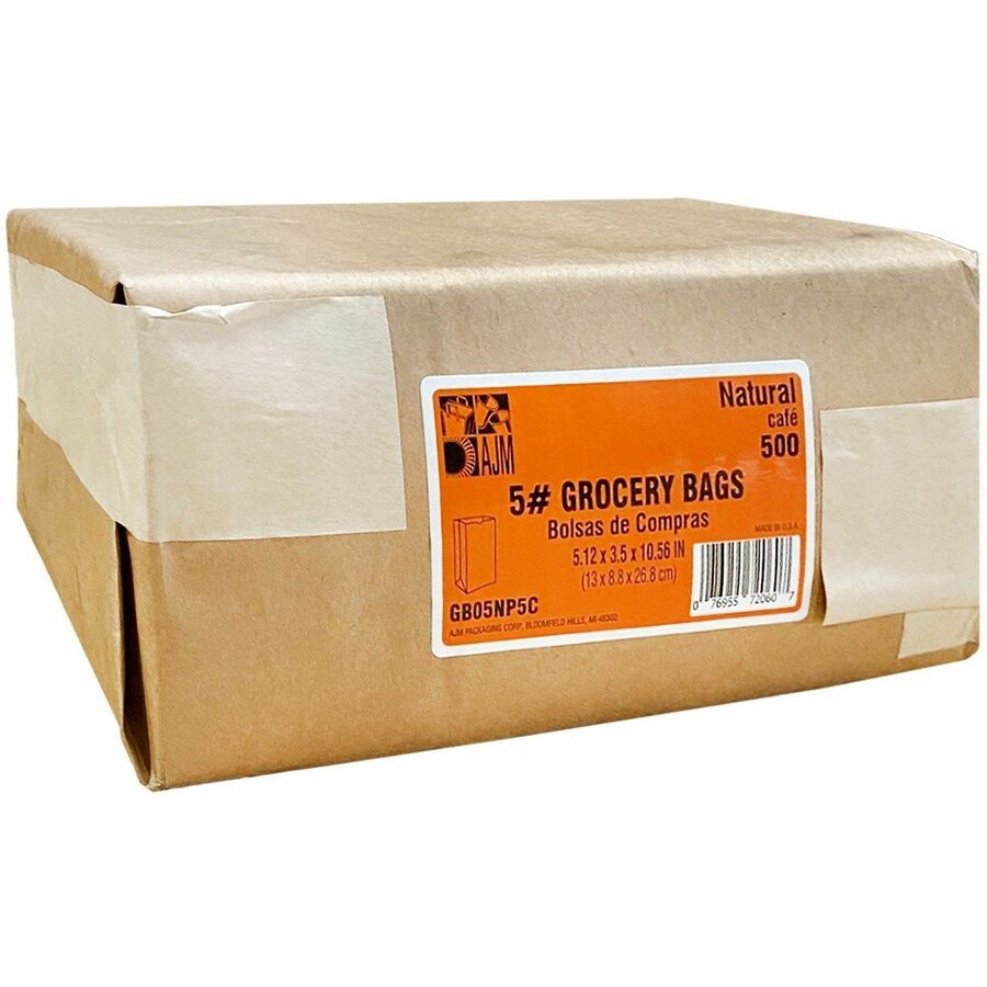 AJM Squat Grocery Bags - Natural Kraft - Paper - Grocery, Supplies - Recycled - 500 / Carton