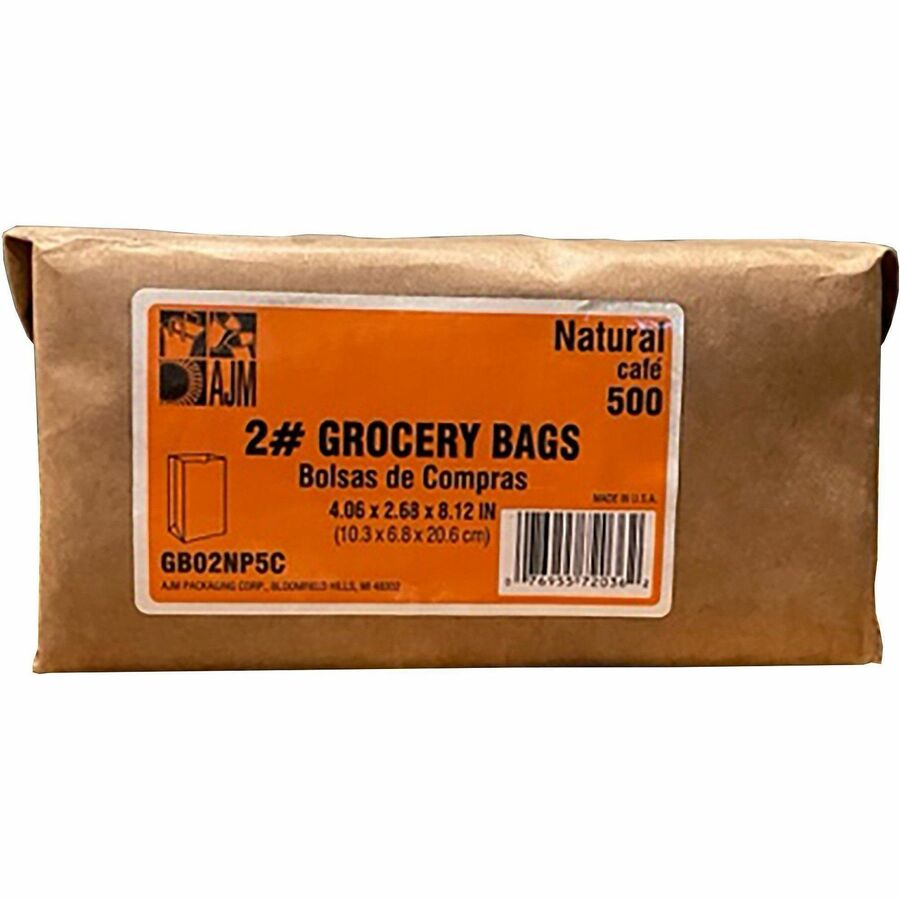 AJM Paper Grocery Bags - 2.40" Length x 4.30" Width - Brown - Paper - Grocery, Supplies - Recycled - 1 Pack