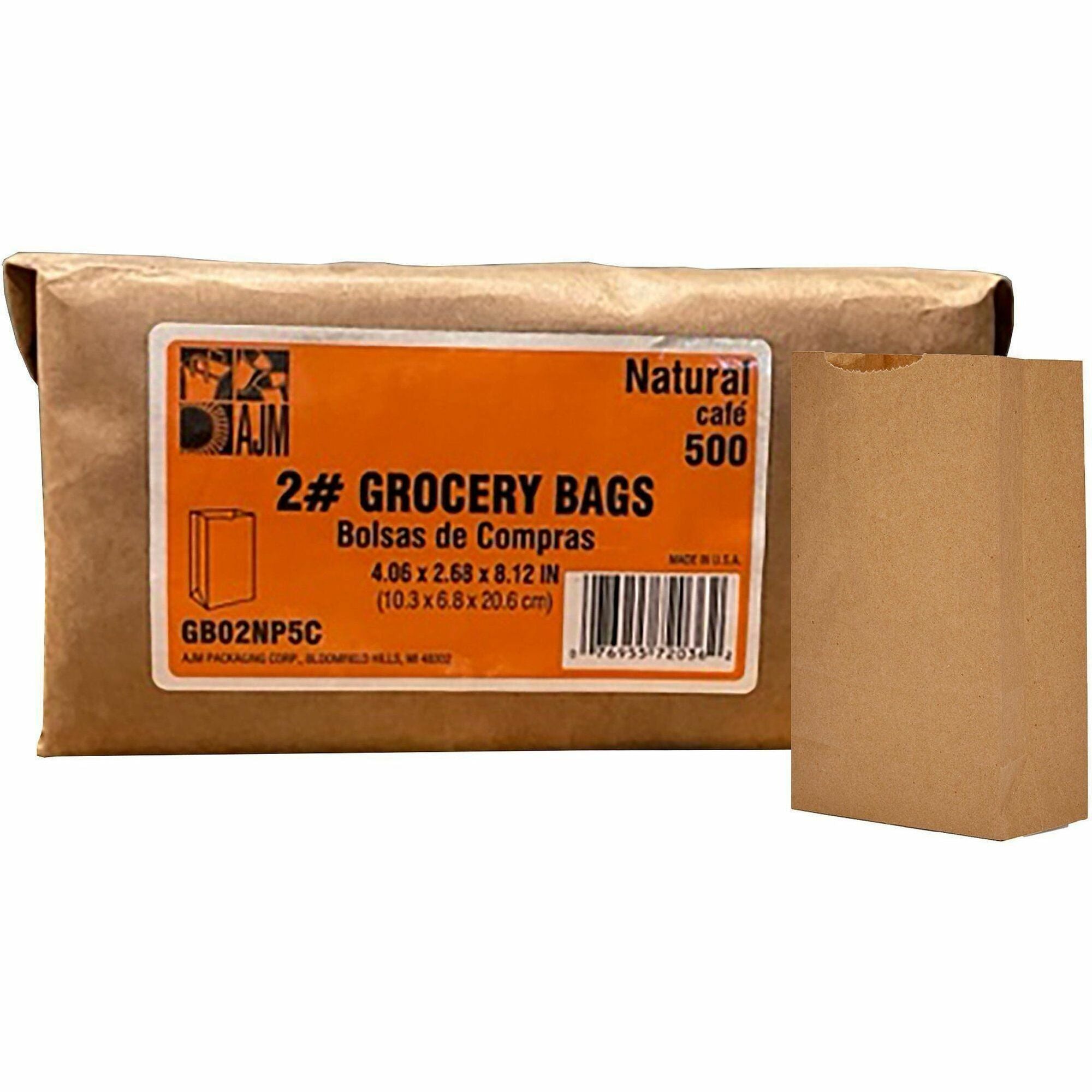 AJM Paper Grocery Bags - 2.40" Length x 4.30" Width - Brown - Paper - Grocery, Supplies - Recycled - 1 Pack