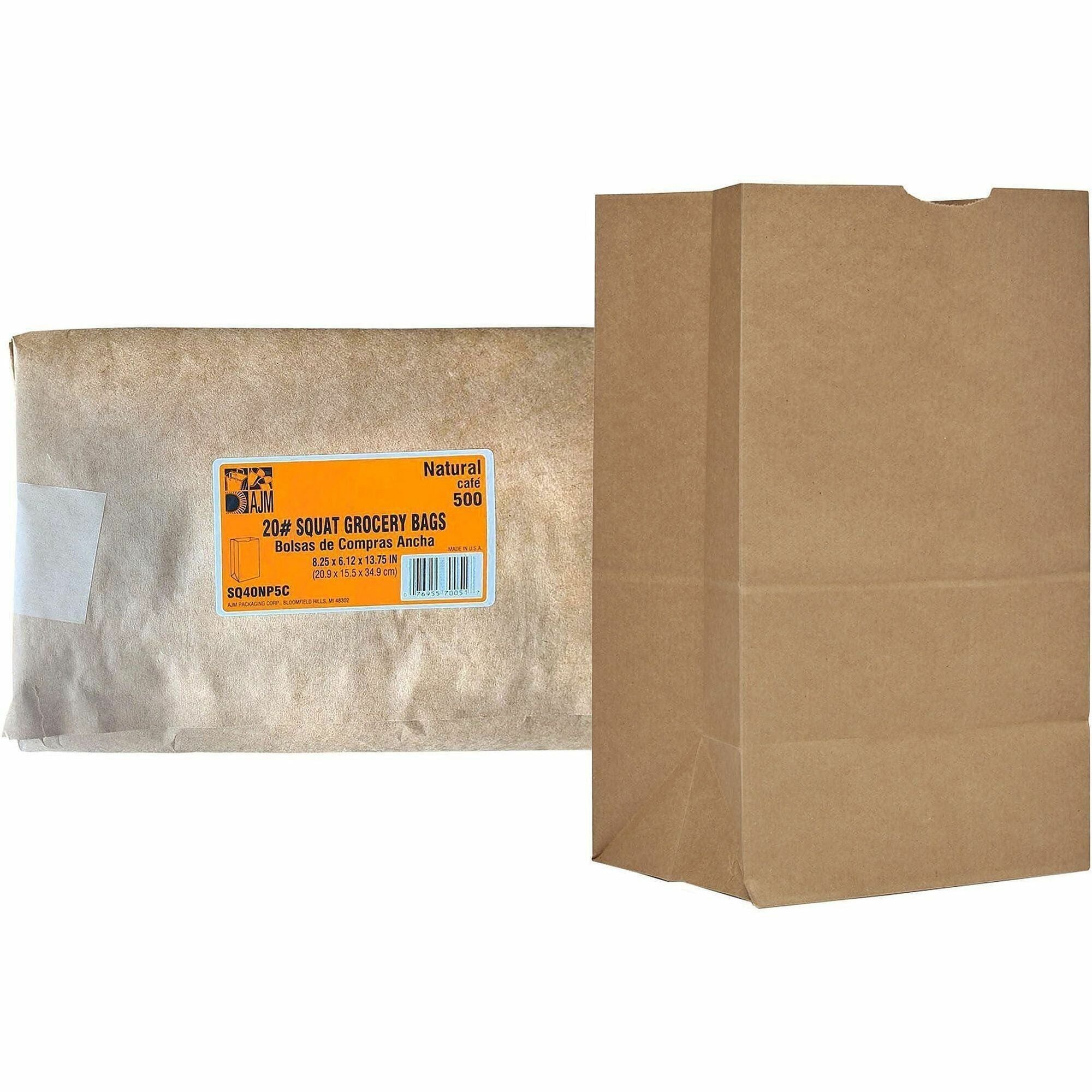 AJM Paper Grocery Bags - Natural Kraft - Paper - Grocery, Supplies - Recycled - 500 / Carton
