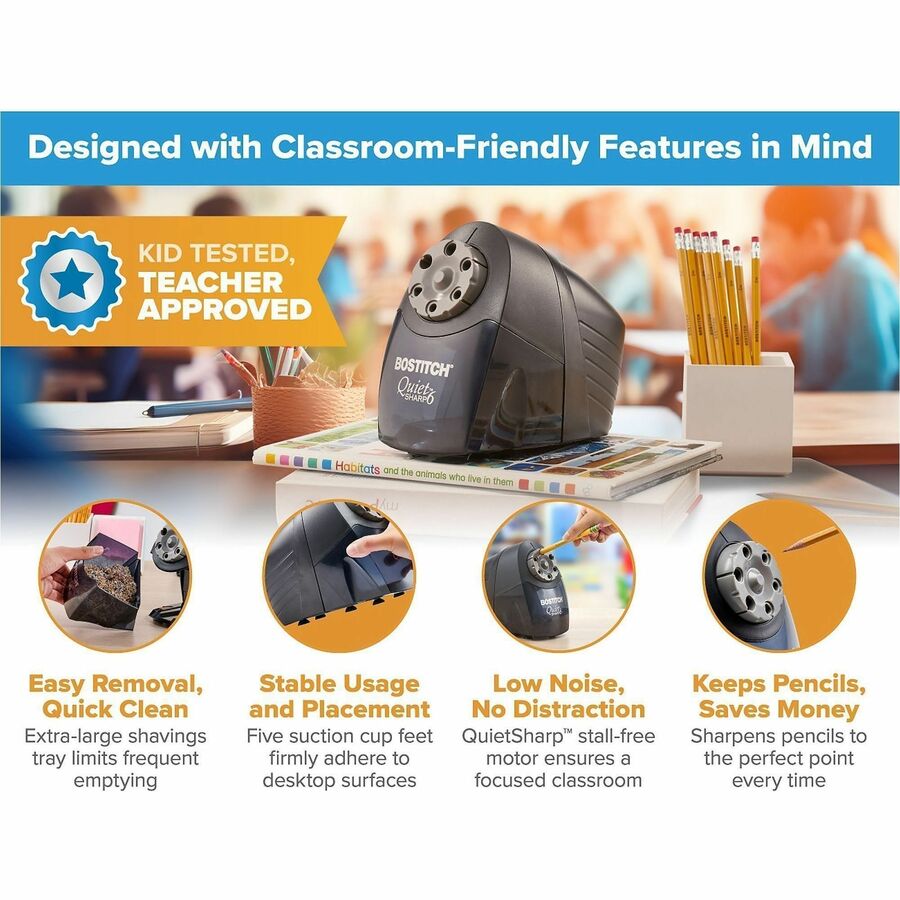 Bostitch Quiet Sharp 6 Electric Pencil Sharpener - 6 Hole(s) - Black - 1 Each