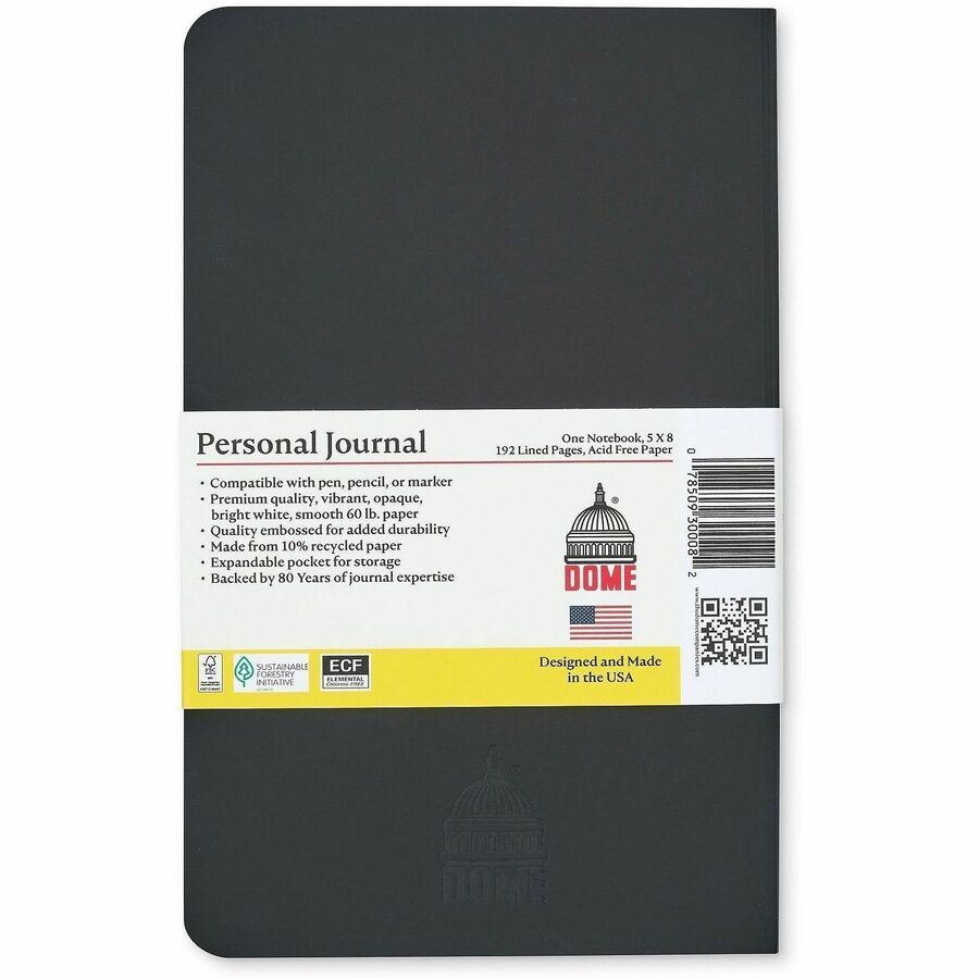 Dome Personal Journal - 5 x 8 Inch Softcover Black Lined Journal Notebook - 192 Pages - 60 lb Basis Weight - 5" x 8" Sheet Size - Bright White Paper - Black Cover - Soft Cover, Acid-free Paper, Pocket, Compact, Flexible Cover, Lightweight, Bleed Resist...