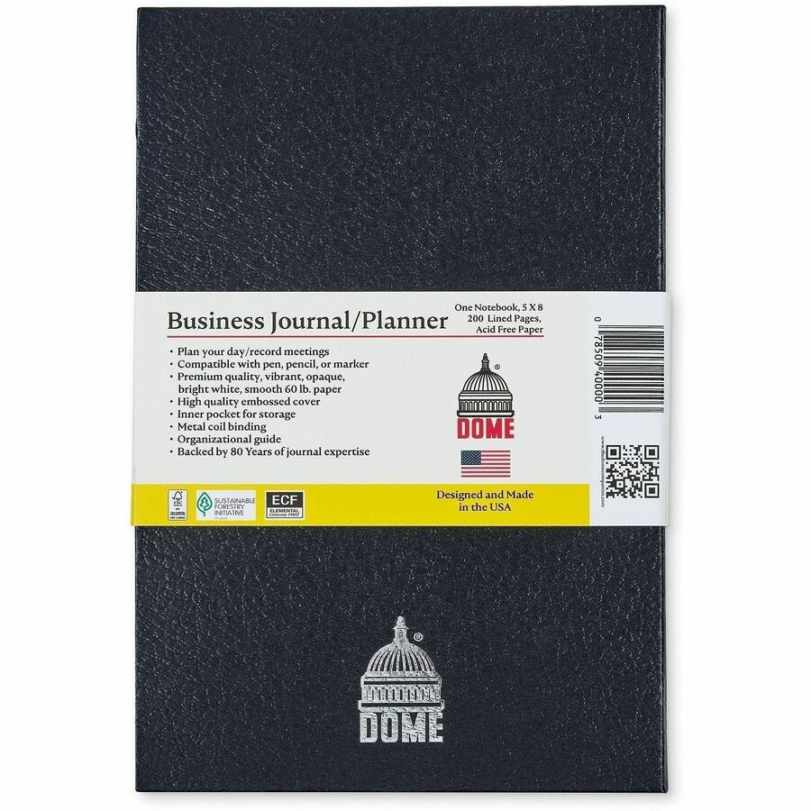 Dome Business Journal - 5 x 8 Inch Hardcover Professional Planner Notebook - Business - 5" x 8" Sheet Size - Bright White Sheet - Black Cover - Acid-free, Pocket, Bleed Resistant, Expandable Inner Pocket, Eco-friendly, Durable Cover, Hard Cover, Built-...
