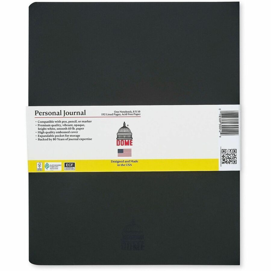 Dome Personal Journal - 8�10 Inch Softcover Black Lined Journal Notebook - 192 Pages - 60 lb Basis Weight - 8" x 10" Sheet Size - Bright White Paper - Soft Cover, Acid-free Paper, Pocket, Compact, Flexible Cover, Lightweight, Bleed Resistant, Expandabl...