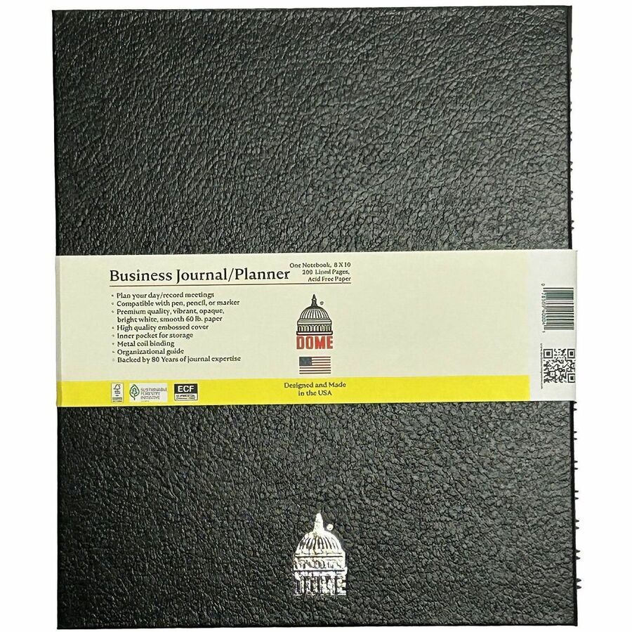 Dome Business Journal - 8 x 10 Inch Hardcover Professional Planner Notebook - Business - 8" x 10" Sheet Size - Bright White Sheet - Black Cover - Acid-free, Pocket, Bleed Resistant, Expandable Inner Pocket, Eco-friendly, Durable Cover, Hard Cover, Buil...