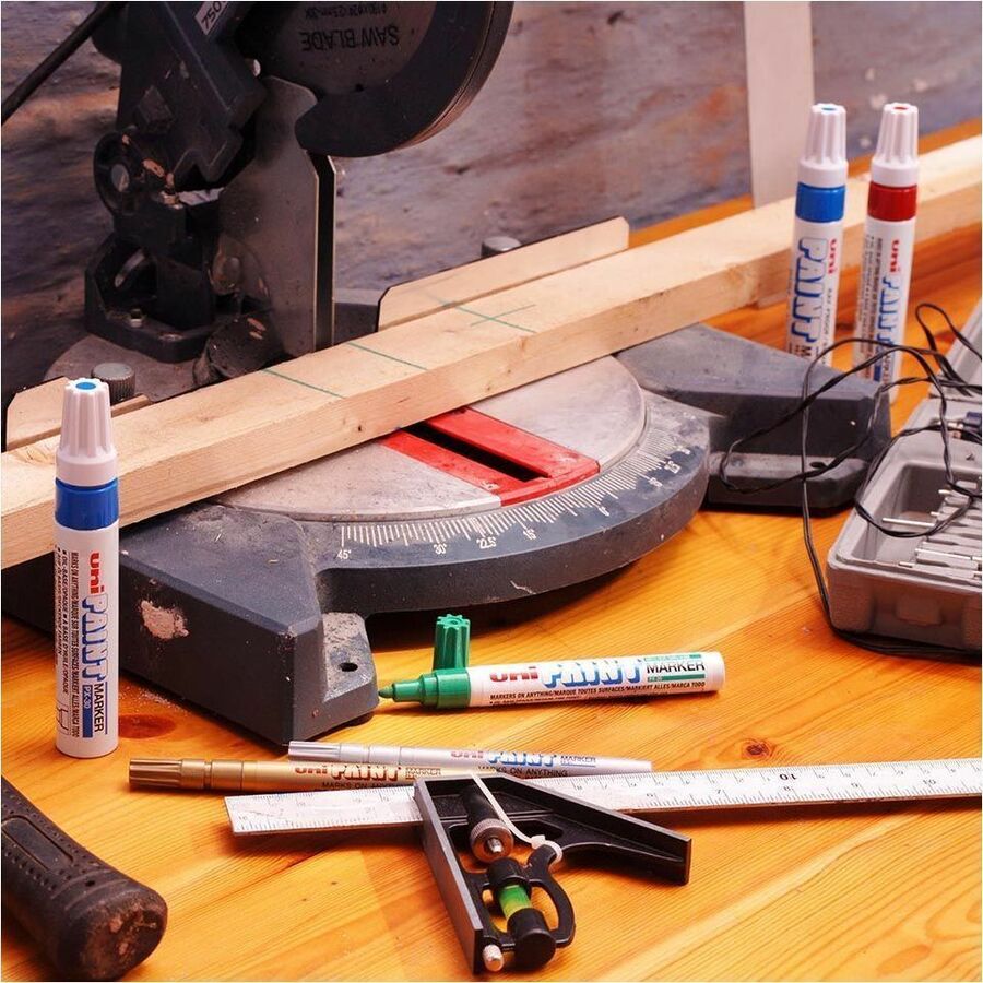 uni® PX-30 uni-Paint Broad-Line Markers - Broad, Bullet, 8 mm, Chisel Marker Point - Blue Ink - Oil Based - White Metal, Aluminum Barrel - Acrylic Tip - Multipurpose - 1 Each