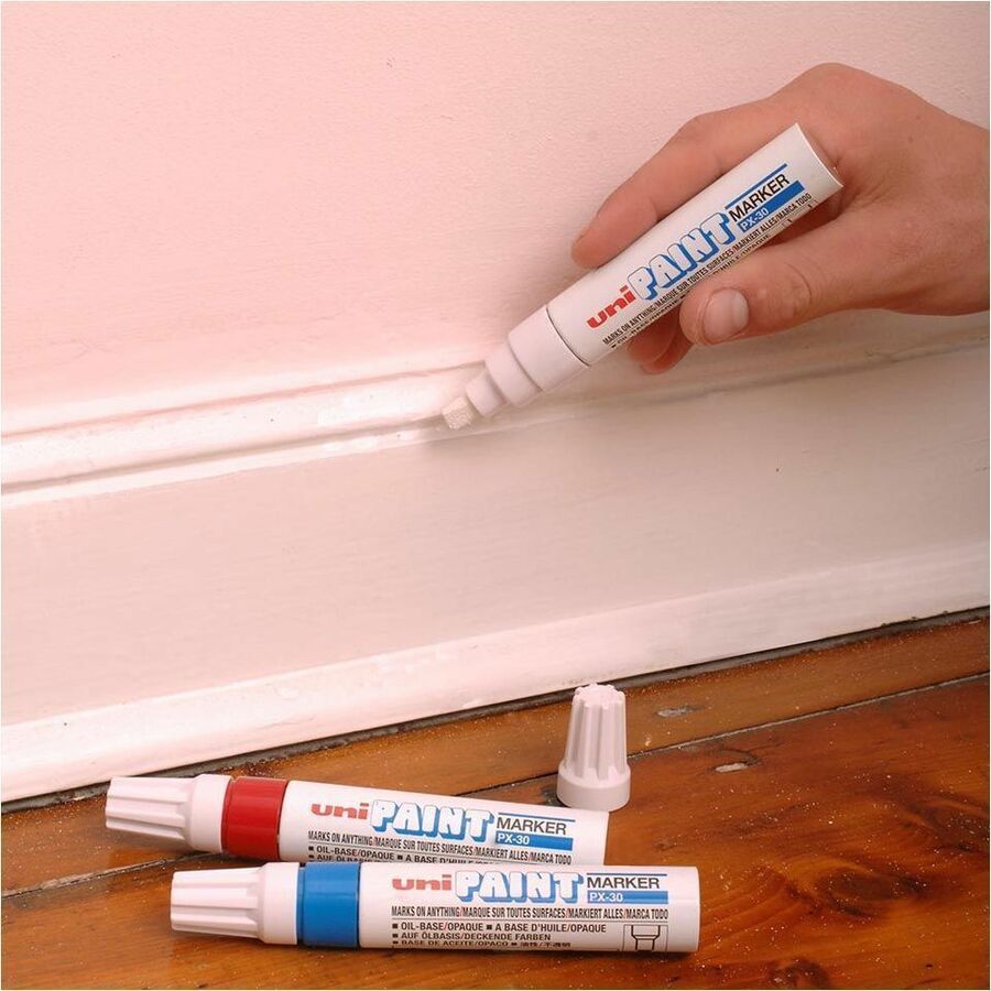 uni® PX-30 uni-Paint Broad-Line Markers - Broad, Bullet, 8 mm, Chisel Marker Point - Blue Ink - Oil Based - White Metal, Aluminum Barrel - Acrylic Tip - Multipurpose - 1 Each