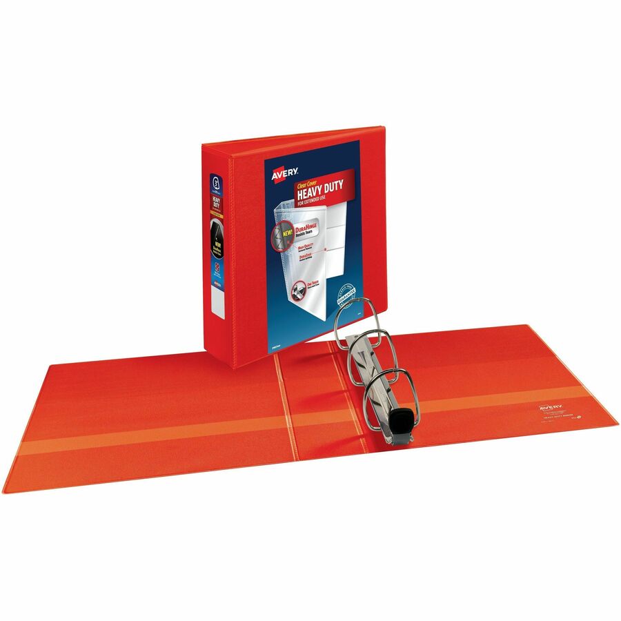 Avery® One Touch Ring Heavy-Duty View Binder - 3" Binder Capacity - 670 Sheet Capacity - 3 1/2" Spine Width - 3 x 3" Ring(s) - Fastener(s): D-Ring - Pocket(s): 4, Internal - Linen pattern - Polypropylene, Plastic - Red - Recycled - Heavy Duty, One ...