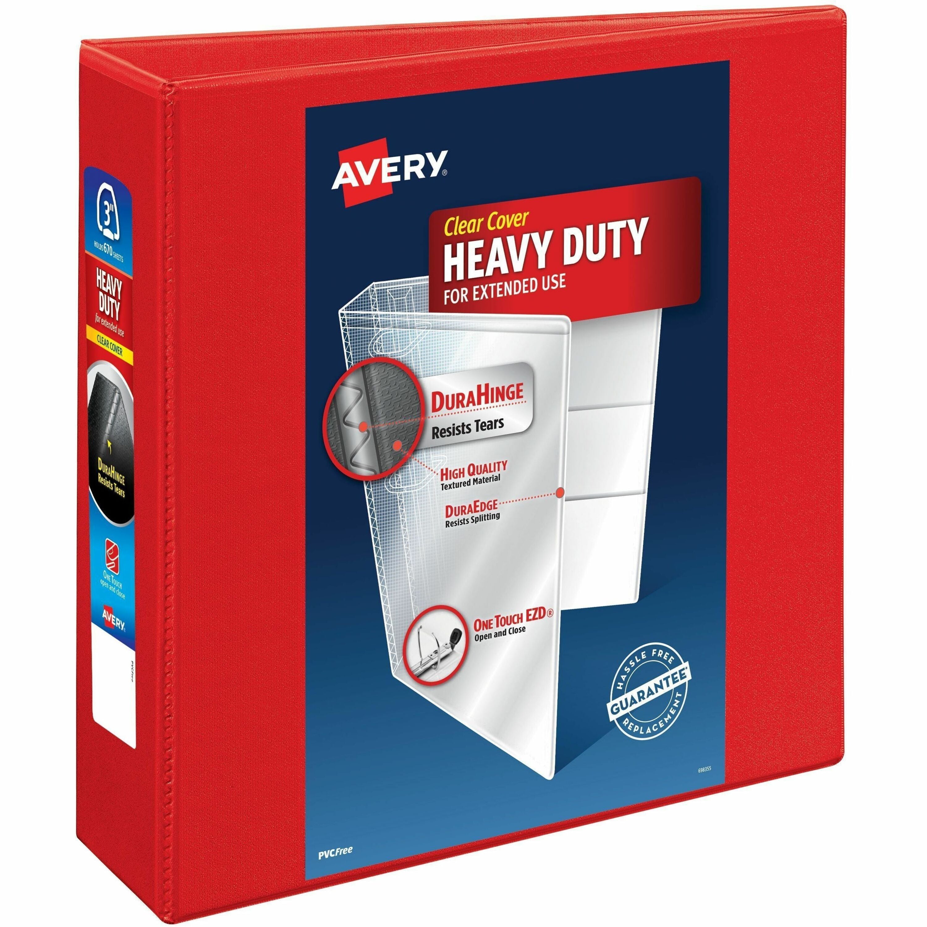 Avery® One Touch Ring Heavy-Duty View Binder - 3" Binder Capacity - 670 Sheet Capacity - 3 1/2" Spine Width - 3 x 3" Ring(s) - Fastener(s): D-Ring - Pocket(s): 4, Internal - Linen pattern - Polypropylene, Plastic - Red - Recycled - Heavy Duty, One ...