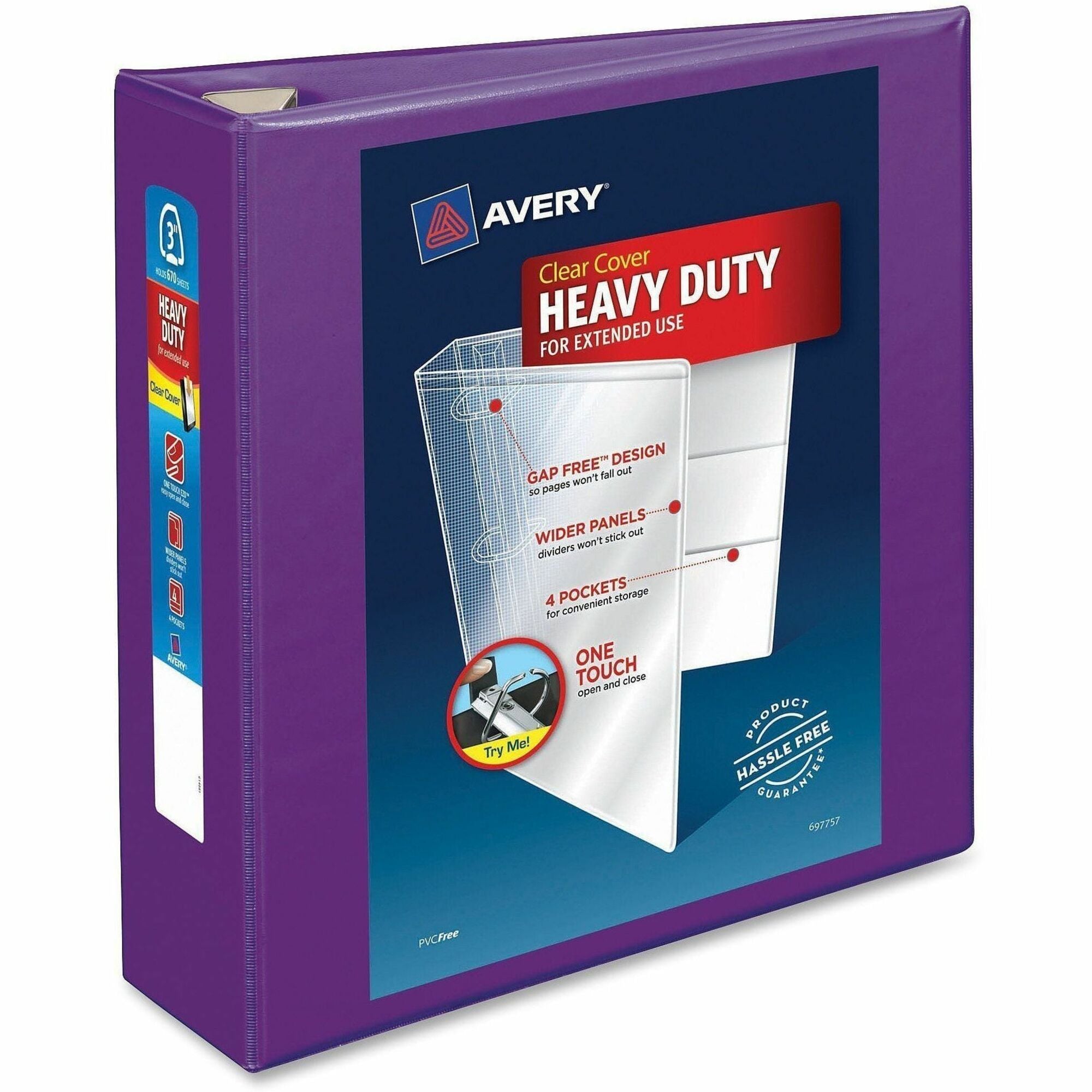 Avery® One Touch Ring Heavy-Duty View Binder - 3" Binder Capacity - Letter - 8 1/2" x 11" Sheet Size - 670 Sheet Capacity - 3 1/2" Spine Width - 3 x 3" Ring(s) - Fastener(s): D-Ring - Pocket(s): 4, Internal - Linen pattern - Polypropylene - Purple ...