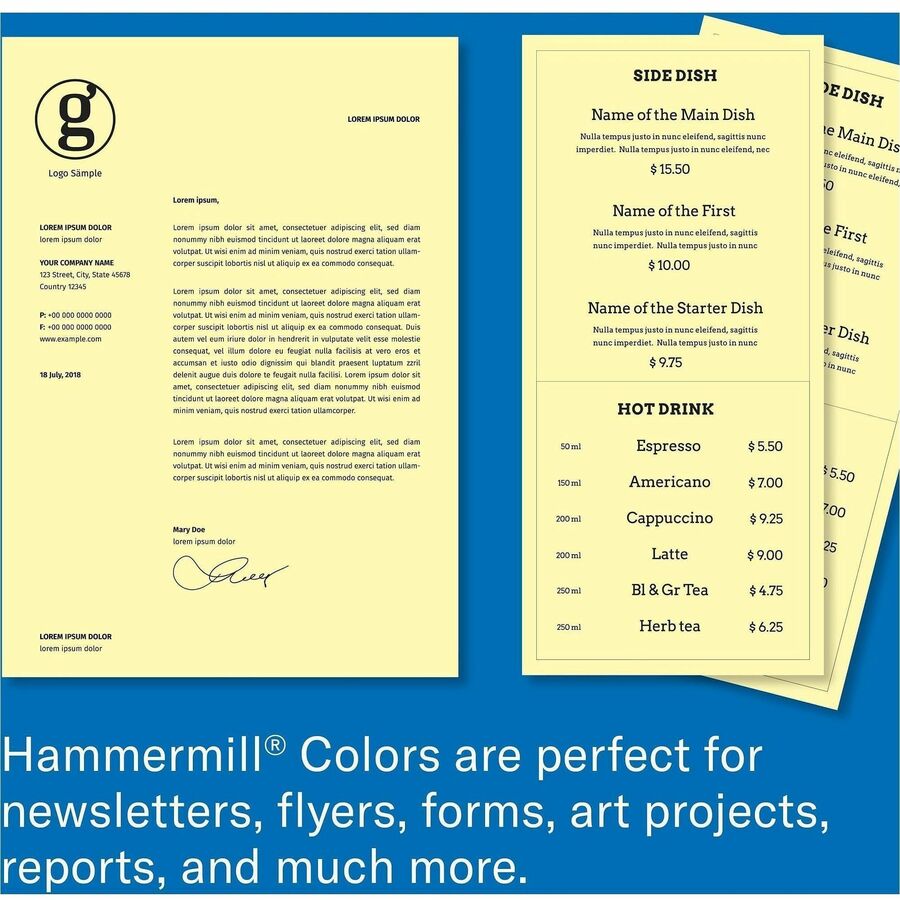 Hammermill 24lb Color Paper - Letter - 8 1/2" x 11" - 24 lb Basis Weight - Jam-free, Eco-friendly - Canary - 500 Sheets per Ream - 10 / Carton
