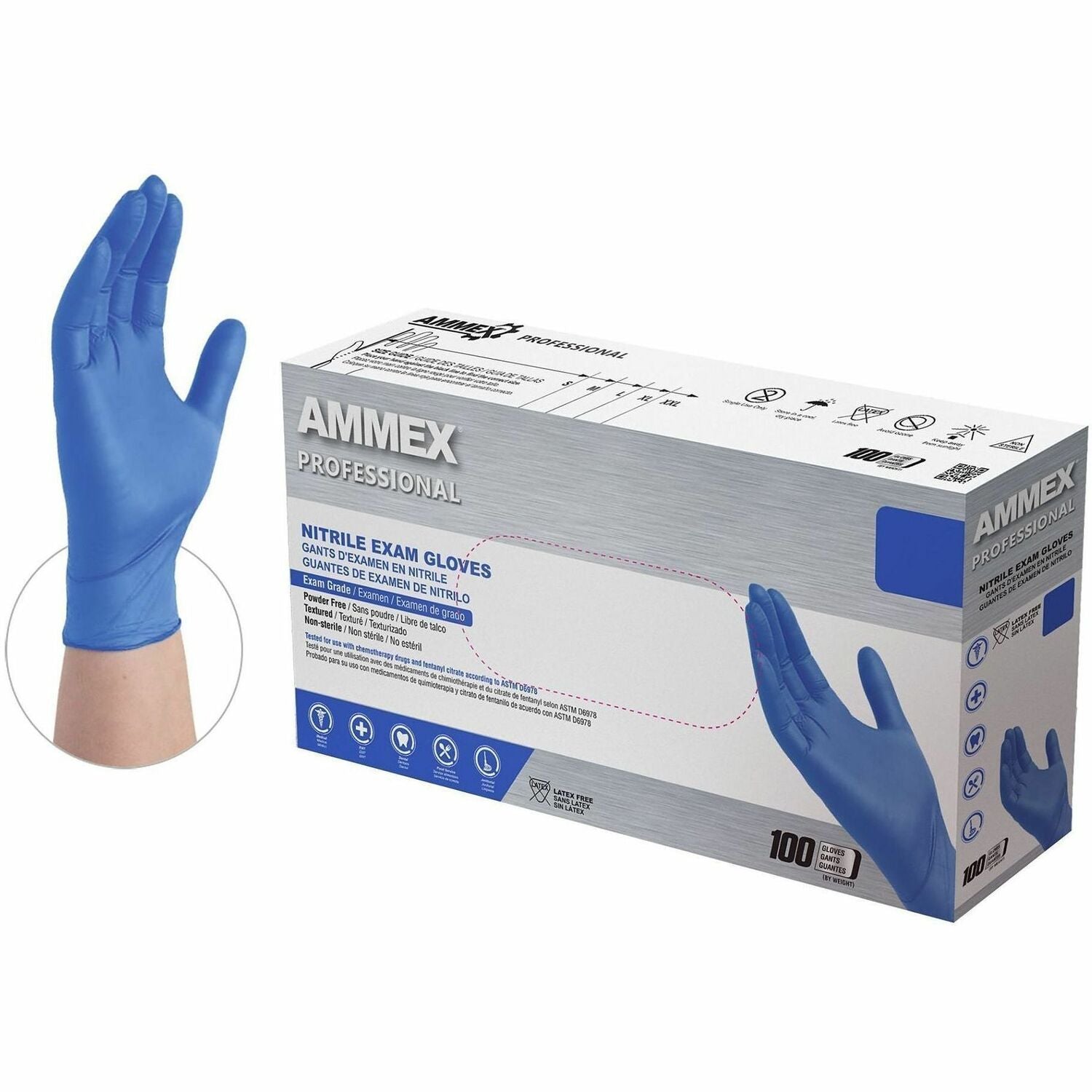Ammex Nitrile Powder-Free Exam Gloves - 3 mil Thickness x 12.36" Glove Length - Body Fluid, Pathogen Protection - Extra Large Size - For Right/Left Hand - Nitrile - Blue - Durable, Latex-free, Chlorinate, Ambidextrous, Non-sterile, Textured Fingertip, ...