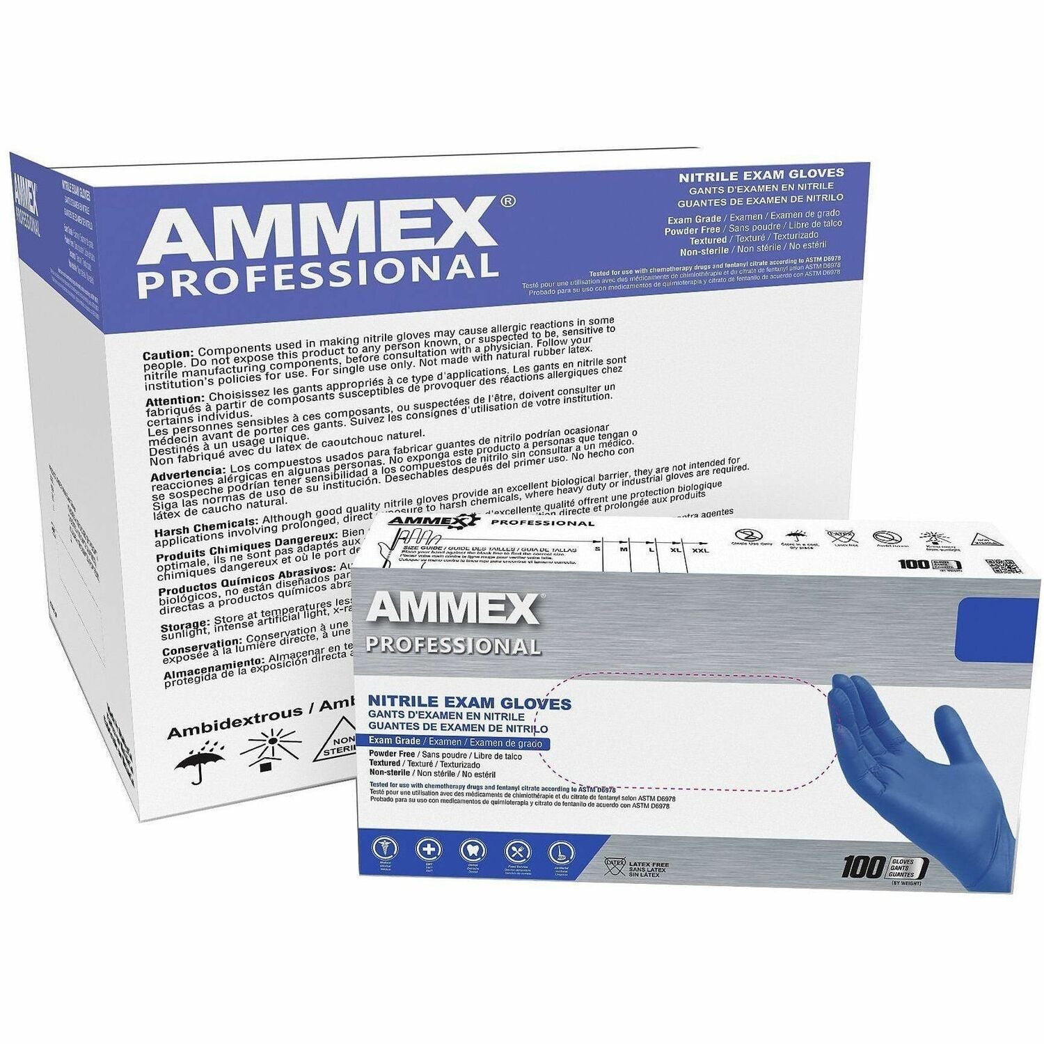 Ammex Nitrile Powder-Free Exam Gloves - 3 mil Thickness x 12.36" Glove Length - Body Fluid, Pathogen Protection - Extra Large Size - For Right/Left Hand - Nitrile - Blue - Durable, Latex-free, Chlorinate, Ambidextrous, Non-sterile, Textured - For Healt...