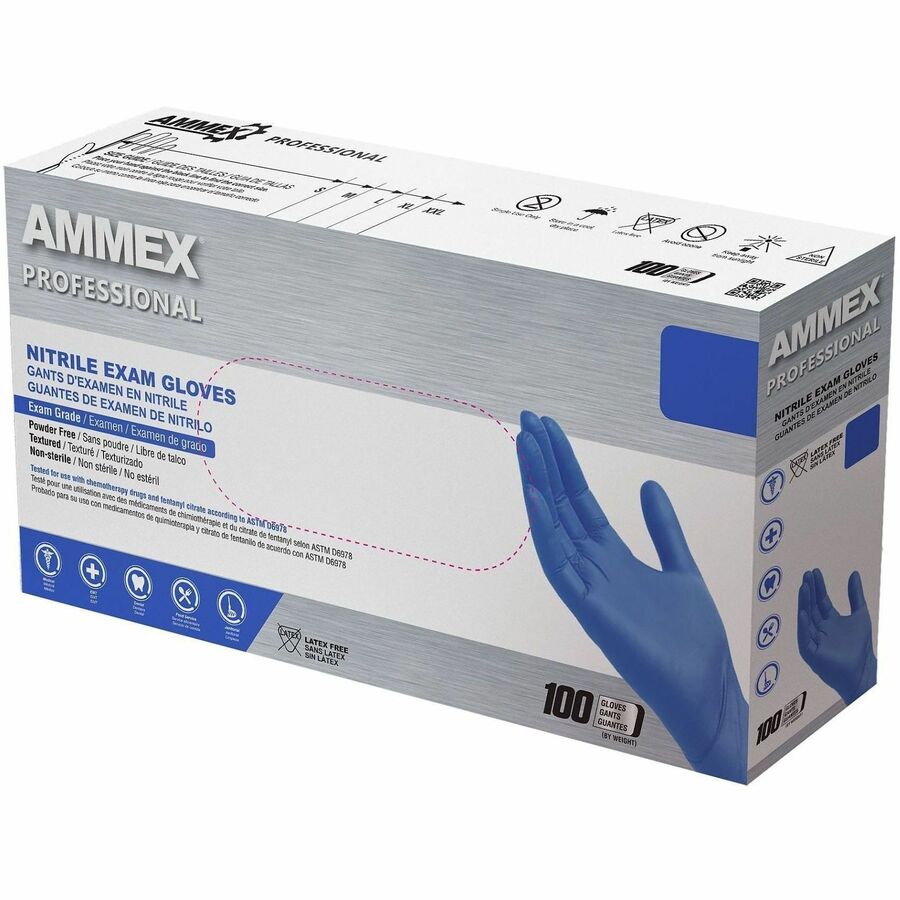 Ammex Nitrile Powder-Free Exam Gloves - 3 mil Thickness x 12.36" Glove Length - Body Fluid, Pathogen Protection - Small Size - For Right/Left Hand - Nitrile - Blue - Durable, Latex-free, Chlorinate, Ambidextrous, Non-sterile, Textured - For Healthcare,...
