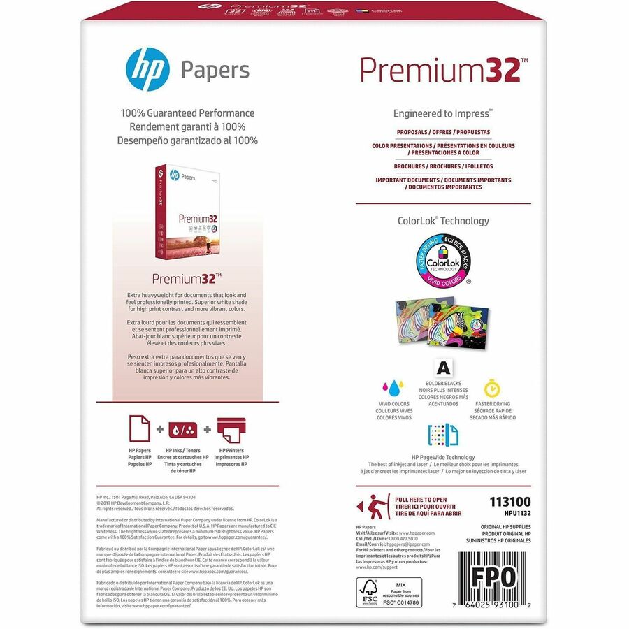 HP Premium LaserJet Paper - 98 Brightness - Letter - 8 1/2" x 11" - 32 lb Basis Weight - Smooth - Heavyweight, Acid-free - White - 500 Sheets per Ream - 6 / Carton