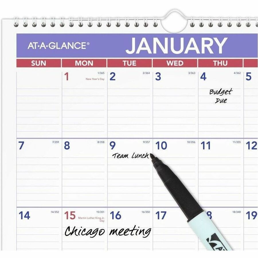 At-A-Glance Write-on/Wipe-off Laminated Monthly Wall Calendar - Medium - Julian Dates - Monthly - 12 Month - January 2026 to December 2026 - 1 Month Single Page Layout - 12" x 17" Sheet Size - White Sheet - 1.56" x 2.44" Block - Wire Bound - Blue, Whit...