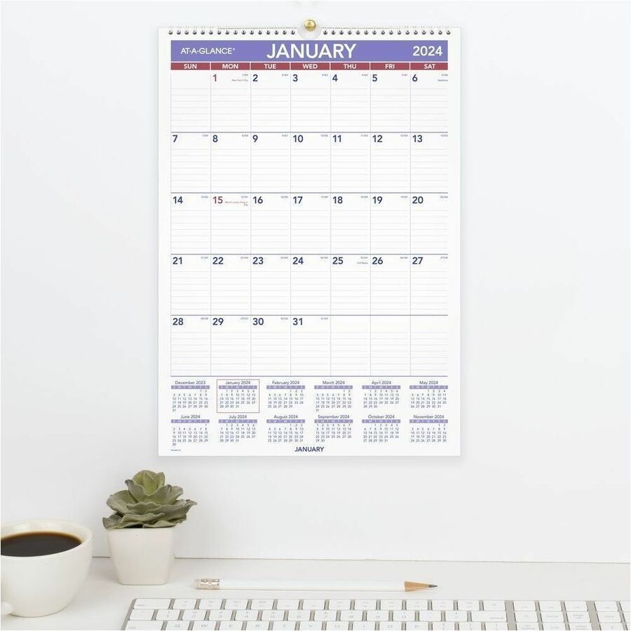 At-A-Glance Write-on/Wipe-off Laminated Monthly Wall Calendar - Medium - Julian Dates - Monthly - 12 Month - January 2026 to December 2026 - 1 Month Single Page Layout - 12" x 17" Sheet Size - White Sheet - 1.56" x 2.44" Block - Wire Bound - Blue, Whit...