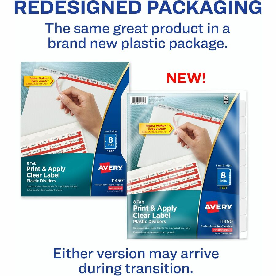 Avery® Index Maker Index Divider - 8 x Divider(s) - Print-on Tab(s) - 8 - 8 Tab(s)/Set - 8.5" Divider Width x 11" Divider Length - 3 Hole Punched - Translucent Plastic Divider - Frosted Clear Plastic Tab(s) - Printable, Hole-punched, Reinforced Tab...