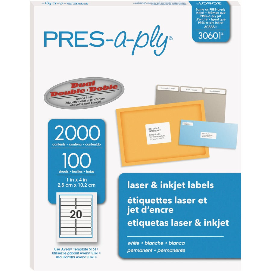PRES-a-ply White Labels - 1" Width x 4" Length - Permanent Adhesive - Rectangle - Laser, Inkjet - White - Paper - 20 / Sheet - 100 Total Sheets - 2000 Total Label(s) - 2000 / Box