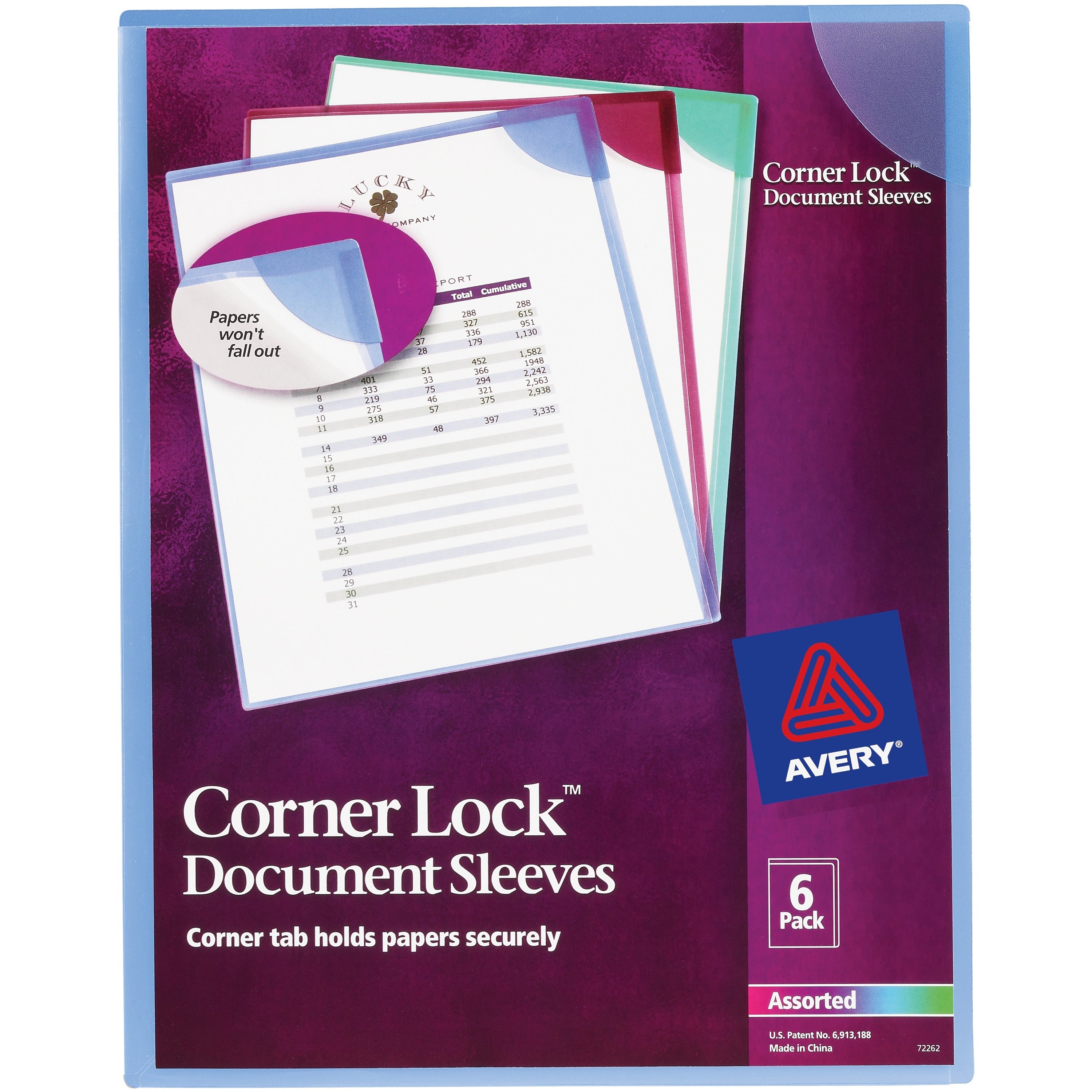 Avery® Corner Lock Letter File Sleeve - 8 1/2" x 11" - 20 Sheets Capacity - Poly - Blue, Green, Purple - 0% Recycled - 6 / Pack