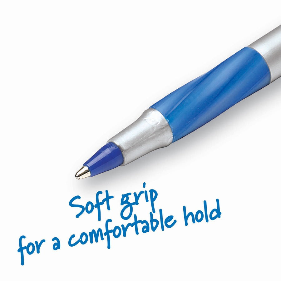 BIC Fine Point Round Stic Pens - Fine Pen Point - Blue Ink - Gray Barrel - 1 Dozen