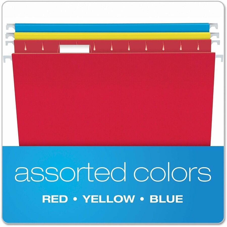 Pendaflex Essentials 1/5 Tab Cut Letter Recycled Hanging Folder - 8 1/2" x 11" - Yellow, Red, Blue - 100% Recycled - 25 / Box