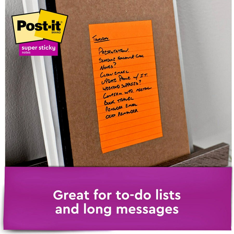 Post-it® Super Sticky Lined Notes - Energy Boost Color Collection - 180 - 5" Flag/Note Width x 8" Flag/Note Length - Rectangle - 45 Sheets per Pad - Ruled - Vital Orange, Tropical Pink, Blue Paradise, Limeade - Paper - Self-adhesive - 4 / Pack