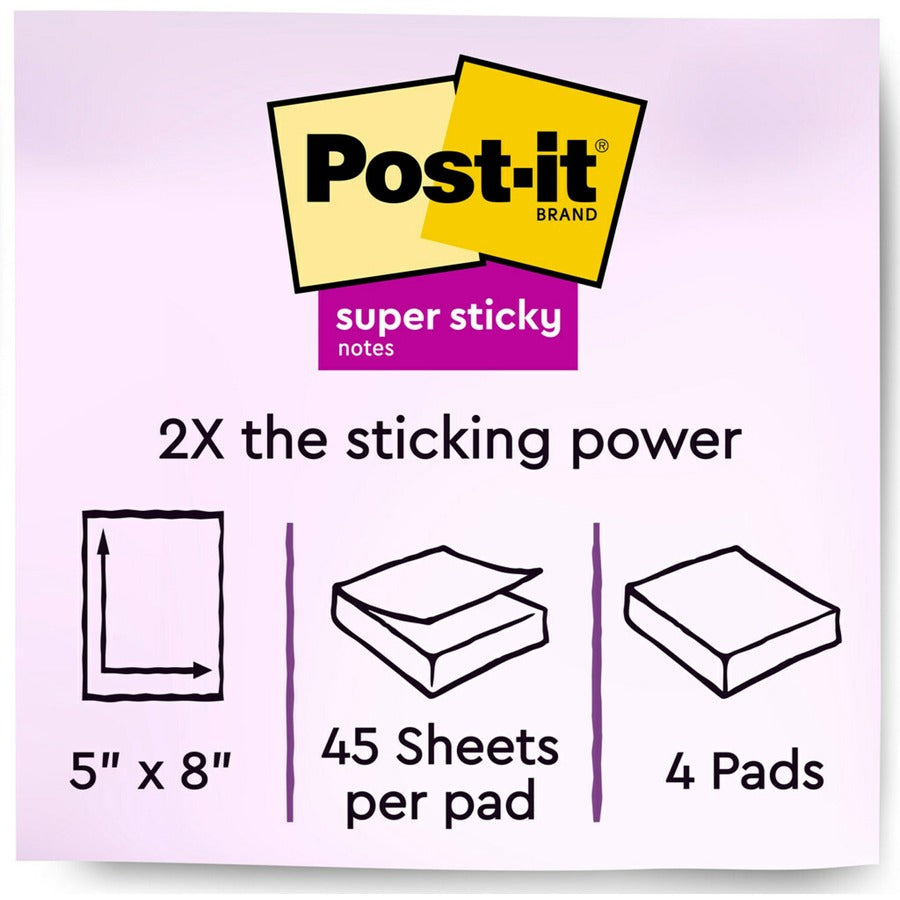 Post-it® Super Sticky Lined Notes - Energy Boost Color Collection - 180 - 5" Flag/Note Width x 8" Flag/Note Length - Rectangle - 45 Sheets per Pad - Ruled - Vital Orange, Tropical Pink, Blue Paradise, Limeade - Paper - Self-adhesive - 4 / Pack