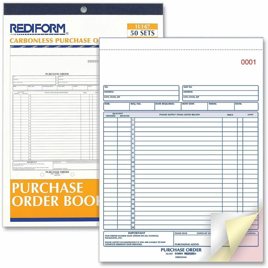 Rediform 2-part Carbonless Purchase Order Book - 3 Part - 8.50" x 11" Sheet Size - White, Canary, Pink - White Sheet(s) - 1 Each