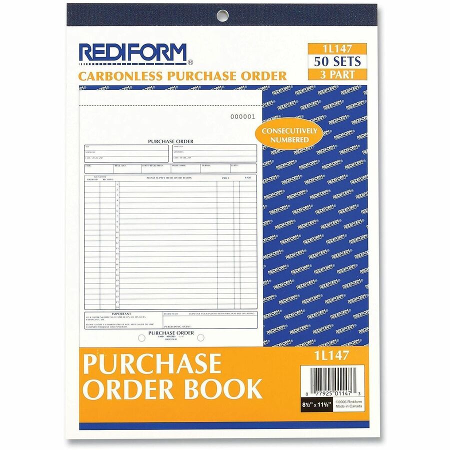 Rediform 2-part Carbonless Purchase Order Book - 3 Part - 8.50" x 11" Sheet Size - White, Canary, Pink - White Sheet(s) - 1 Each