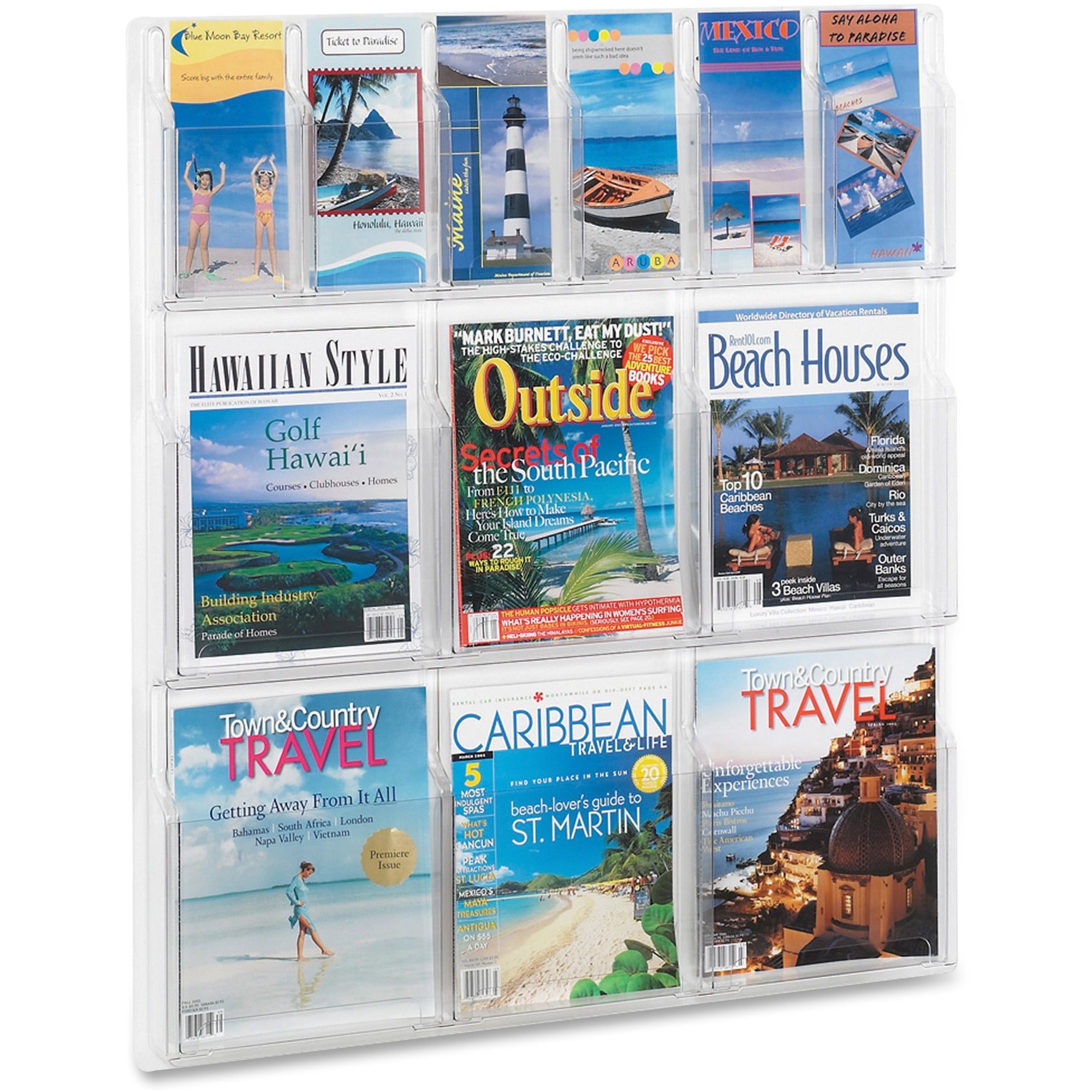 Safco Magazine/Pamphlet Plastic Display Rack - 12 Pocket(s) - 34.75" Height x 30" Width x 2" Depth - Break Resistant - Clear - Plastic - 1 Each