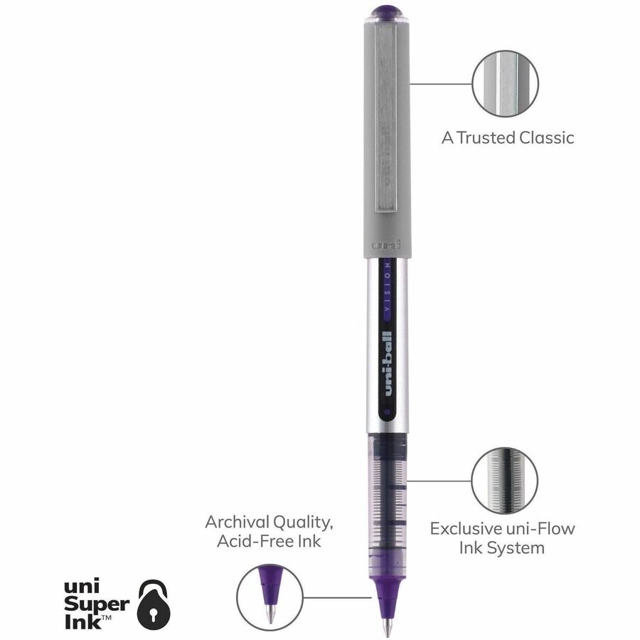 uniball™ Vision Fine Rollerball Pens - 0.7 mm Fine Pen Point - Purple Ink - 1 Dozen