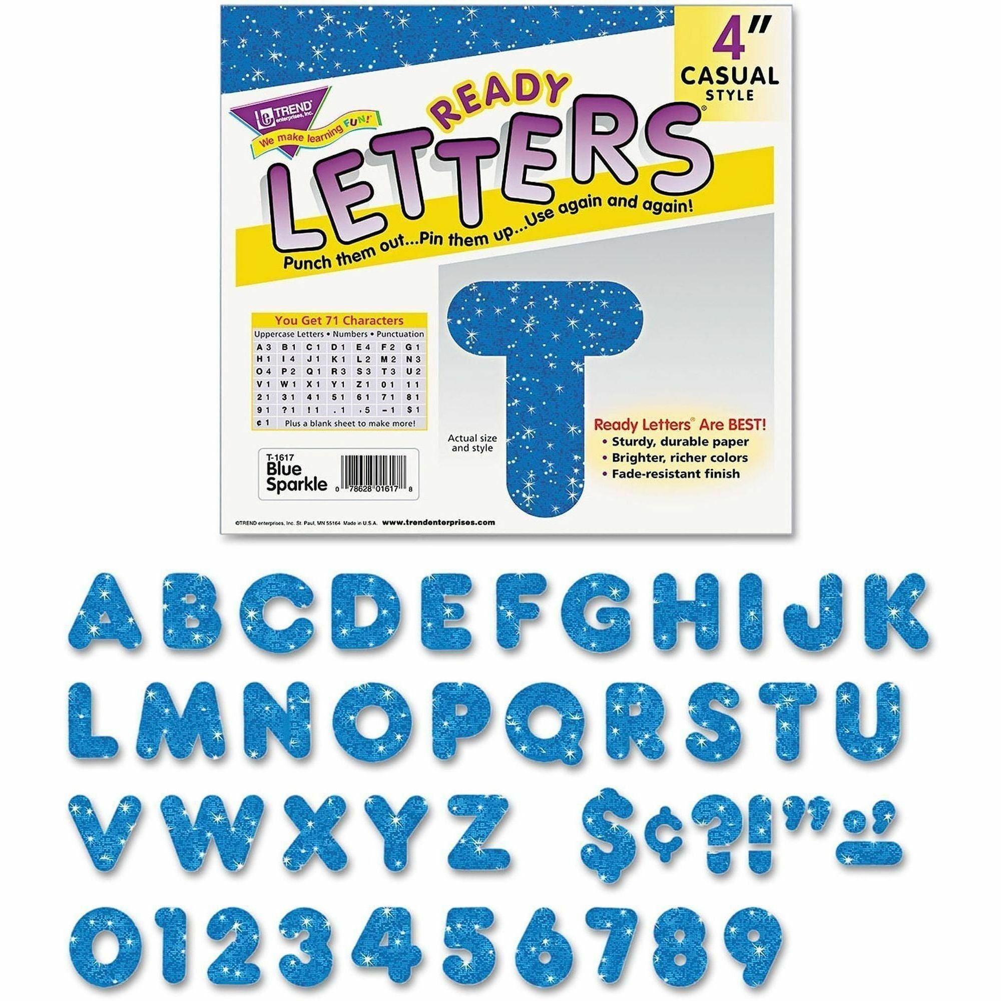Trend 4" Sparkle Uppercase Ready Letters Set - 50 x Capital Letter, 10 x Number, 10 x Punctuation Marks Shape - Pin-up - Casual Style - 4" Height x 9" Length - Blue - Paper - 71 / Set