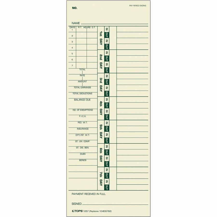 TOPS Numbered Days/Full Payroll Time Cards - Double Sided Sheet - 3.50" x 9" Sheet Size - Yellow - Manila Sheet(s) - Green, Red Print Color - 500 / Box