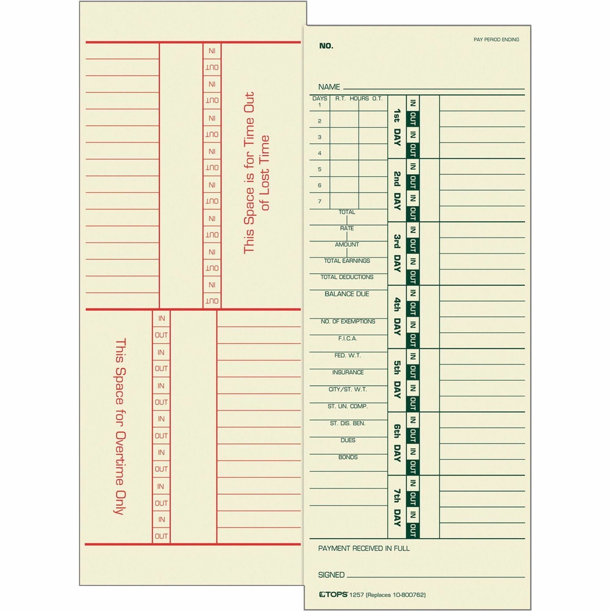 TOPS Numbered Days/Full Payroll Time Cards - Double Sided Sheet - 3.50" x 9" Sheet Size - Yellow - Manila Sheet(s) - Green, Red Print Color - 500 / Box
