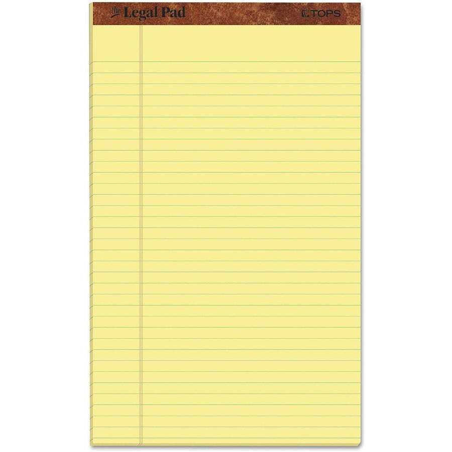 TOPS The Legal Rule Writing Pads - Legal - 50 Sheets - Double Stitched - 0.34" Ruled - 16 lb Basis Weight - Legal - 8 1/2" x 14" Sheet Size - Canary Paper - Perforated, Hard Cover, Heavyweight - 1 Dozen